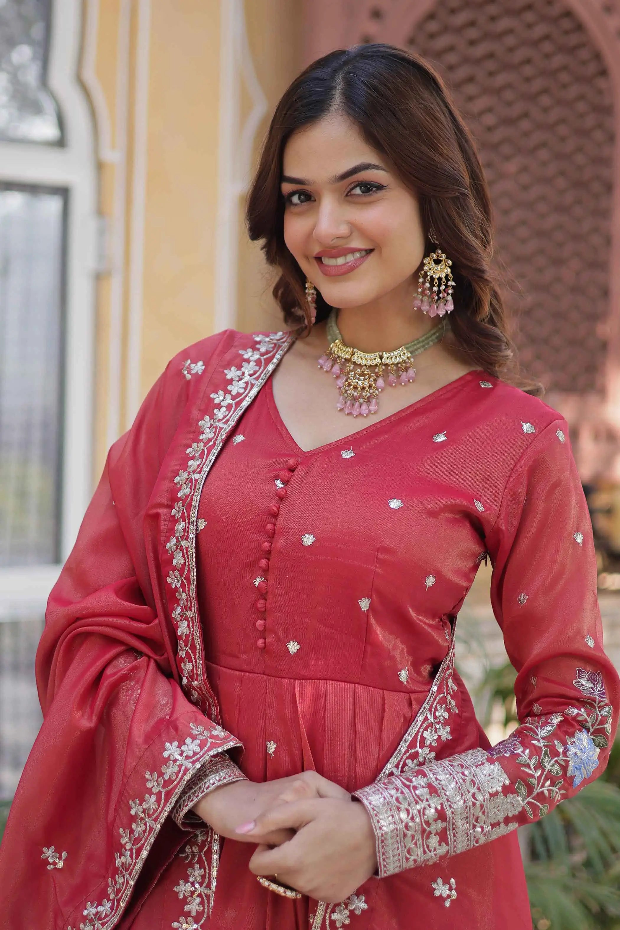 Oranges Red Foil Embroidery Zari Sequins Work Gown With Dupatta - qivii