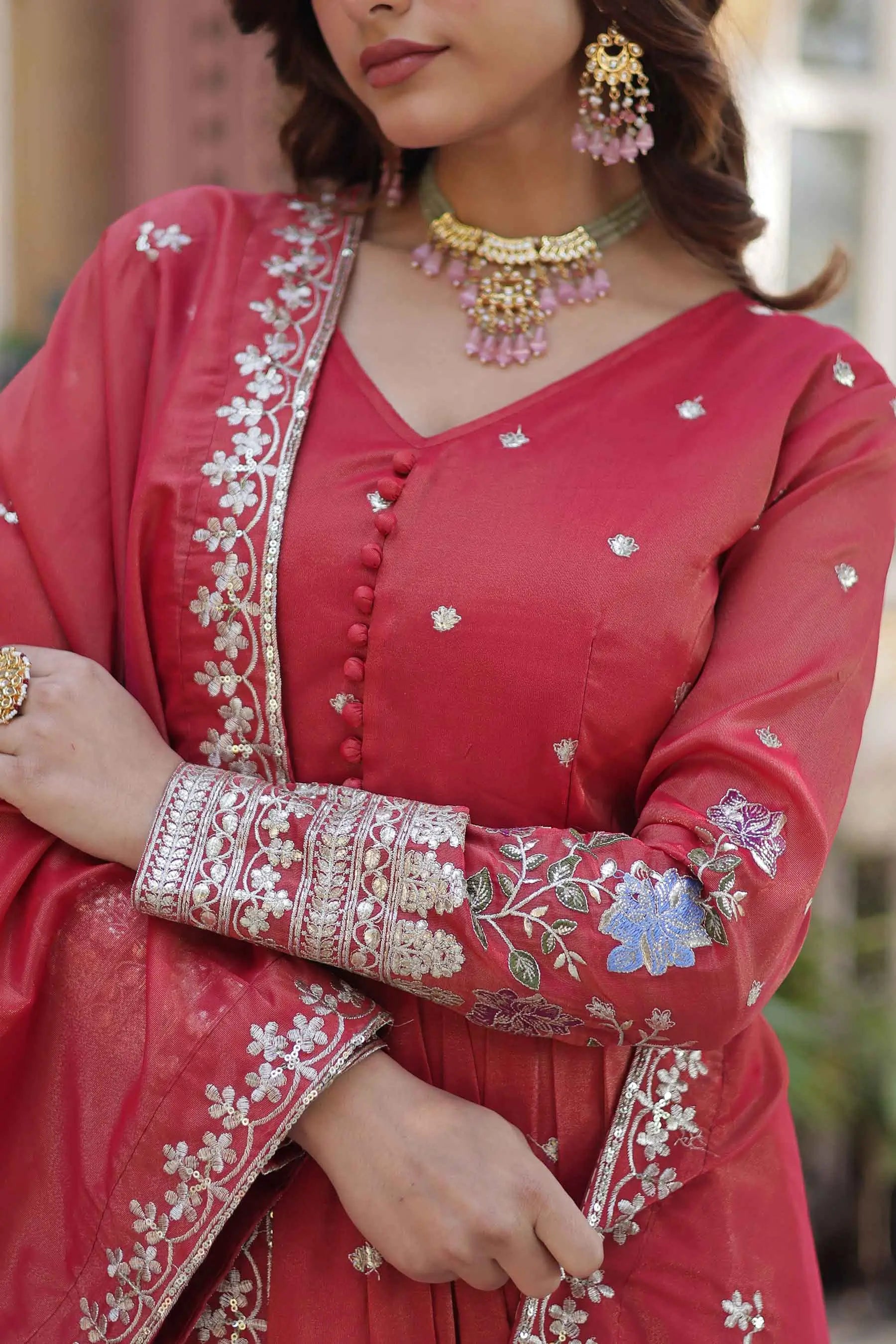 Oranges Red Foil Embroidery Zari Sequins Work Gown With Dupatta - qivii