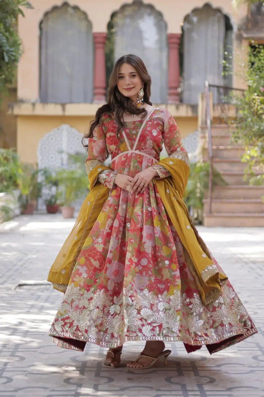Red With Multi Floral Print Foil Embroidery Sequins Work Gown With Dupatta