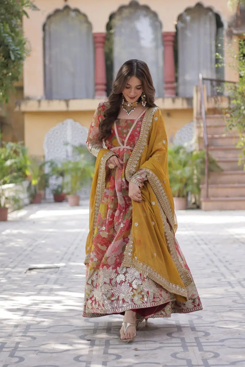 Red With Multi Floral Print Foil Embroidery Sequins Work Gown With Dupatta