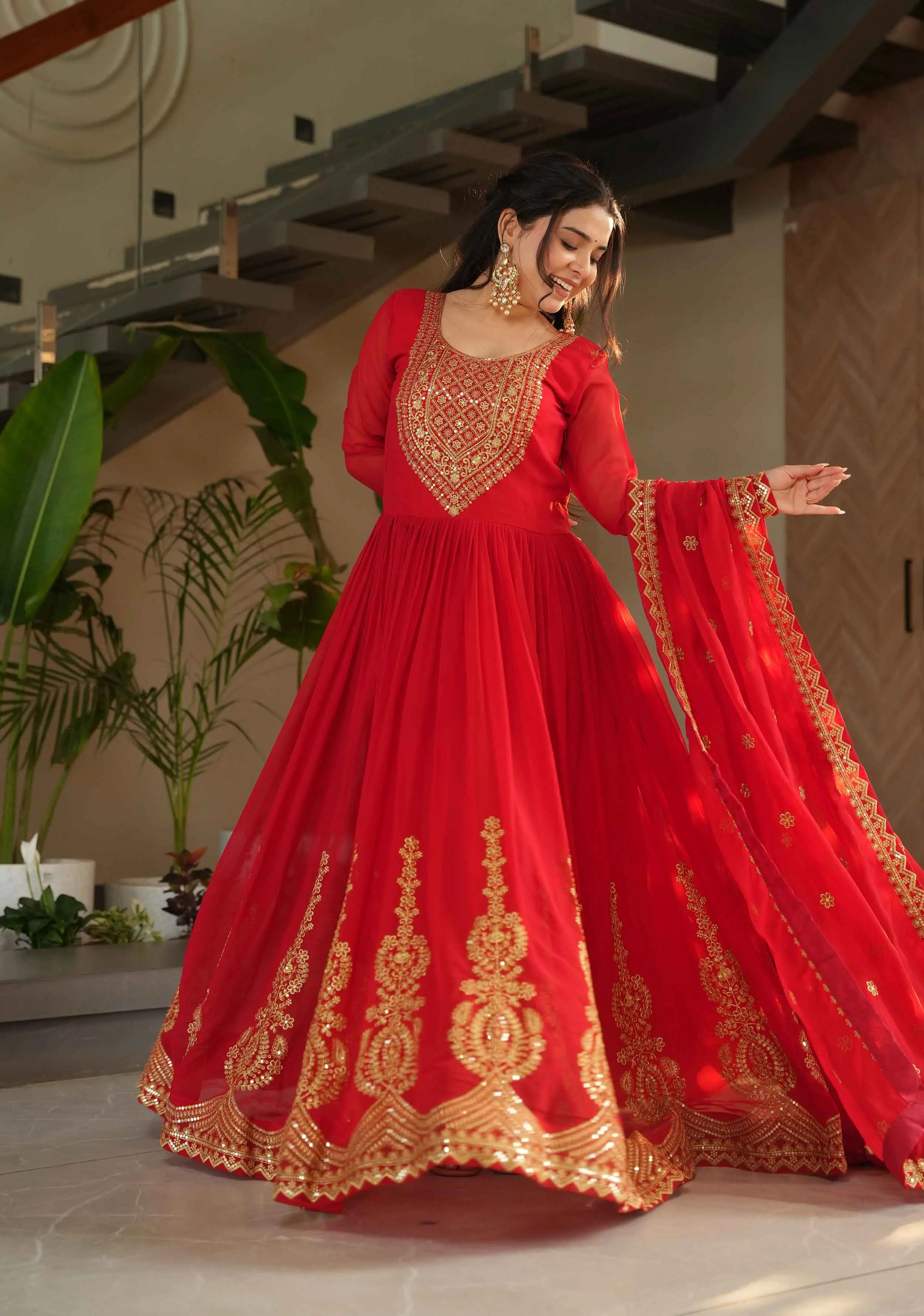 Scarlet Red Zari Sequins Embroidery Work Gown With Dupatta - qivii