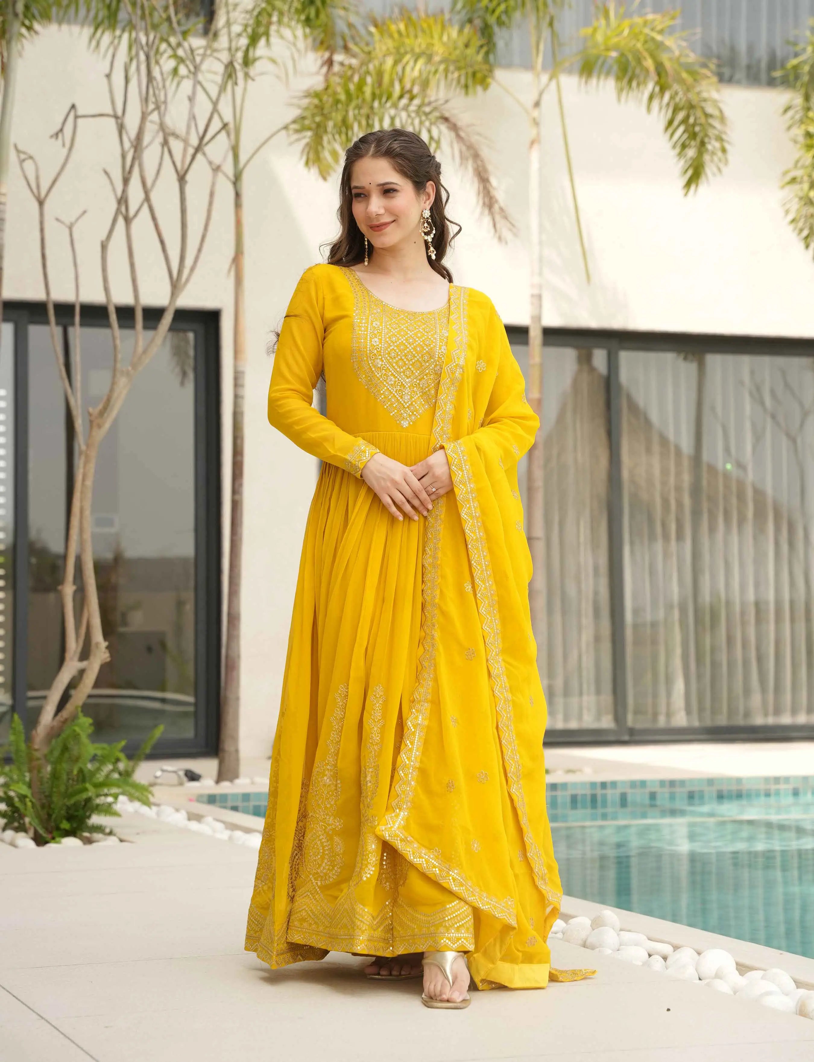 Lightning Yellow Zari Embroidery Work Gown With Dupatta - qivii