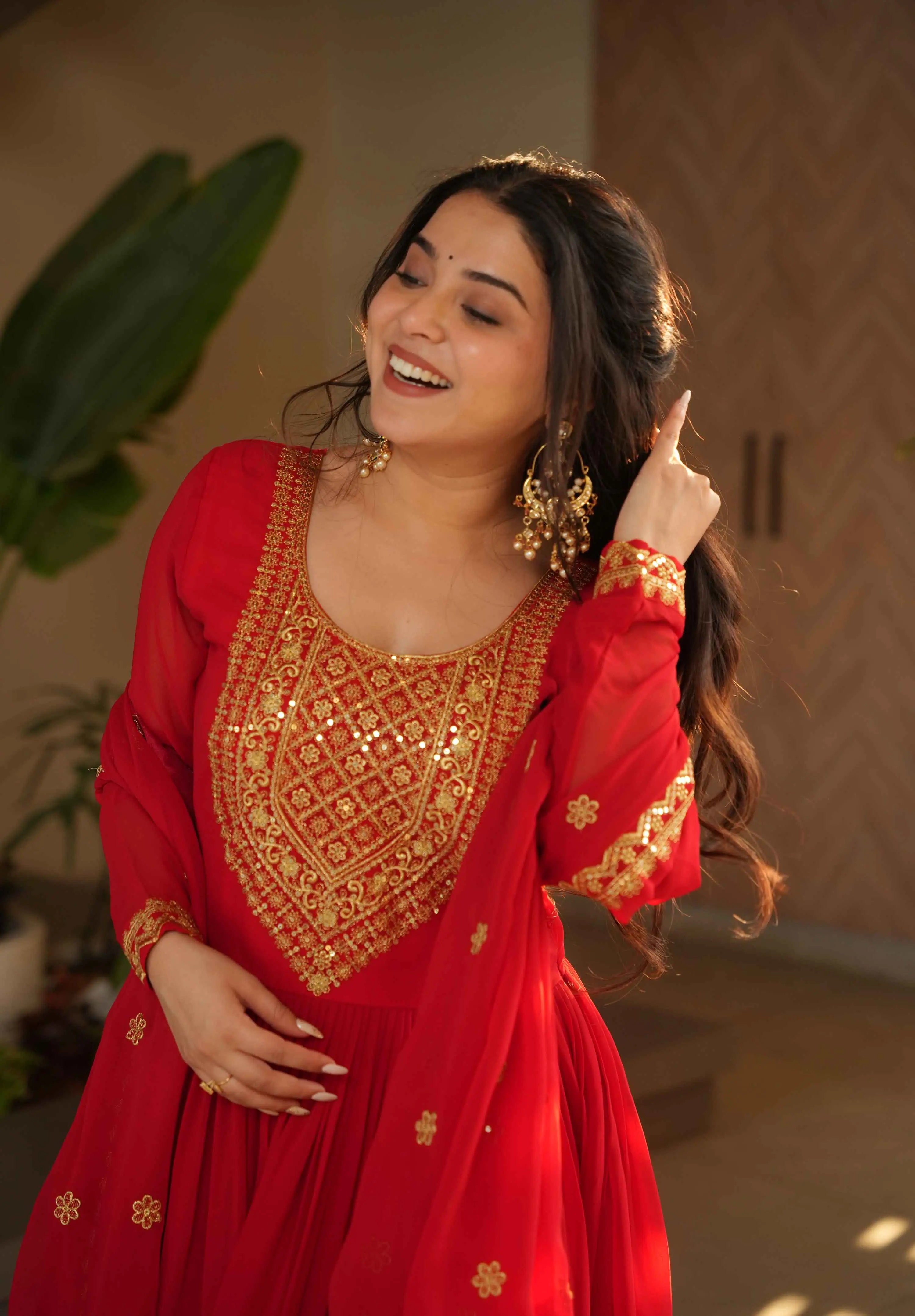 Scarlet Red Zari Sequins Embroidery Work Gown With Dupatta - qivii