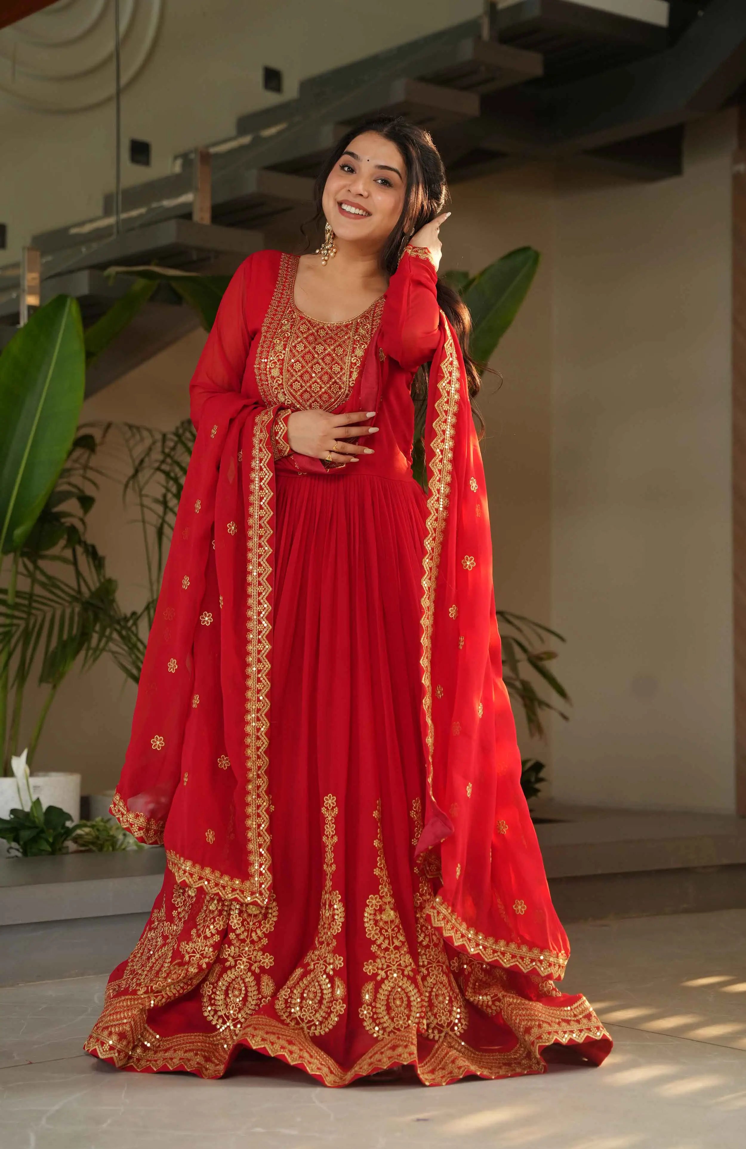 Scarlet Red Zari Sequins Embroidery Work Gown With Dupatta - qivii