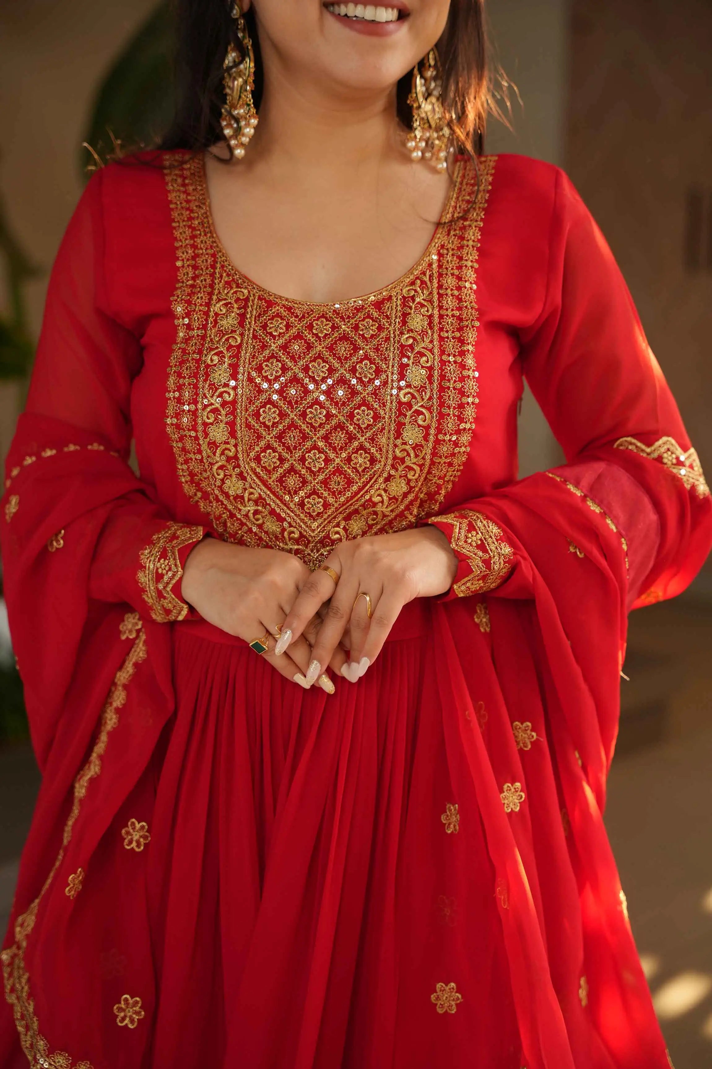 Scarlet Red Zari Sequins Embroidery Work Gown With Dupatta - qivii