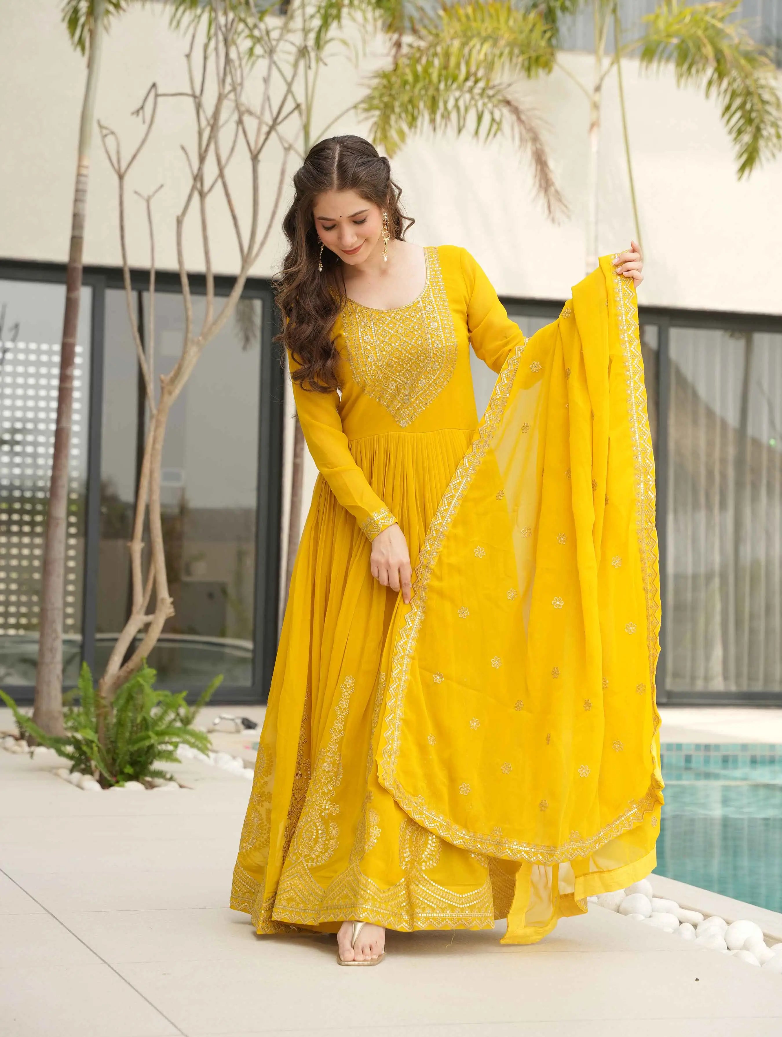 Lightning Yellow Zari Embroidery Work Gown With Dupatta - qivii