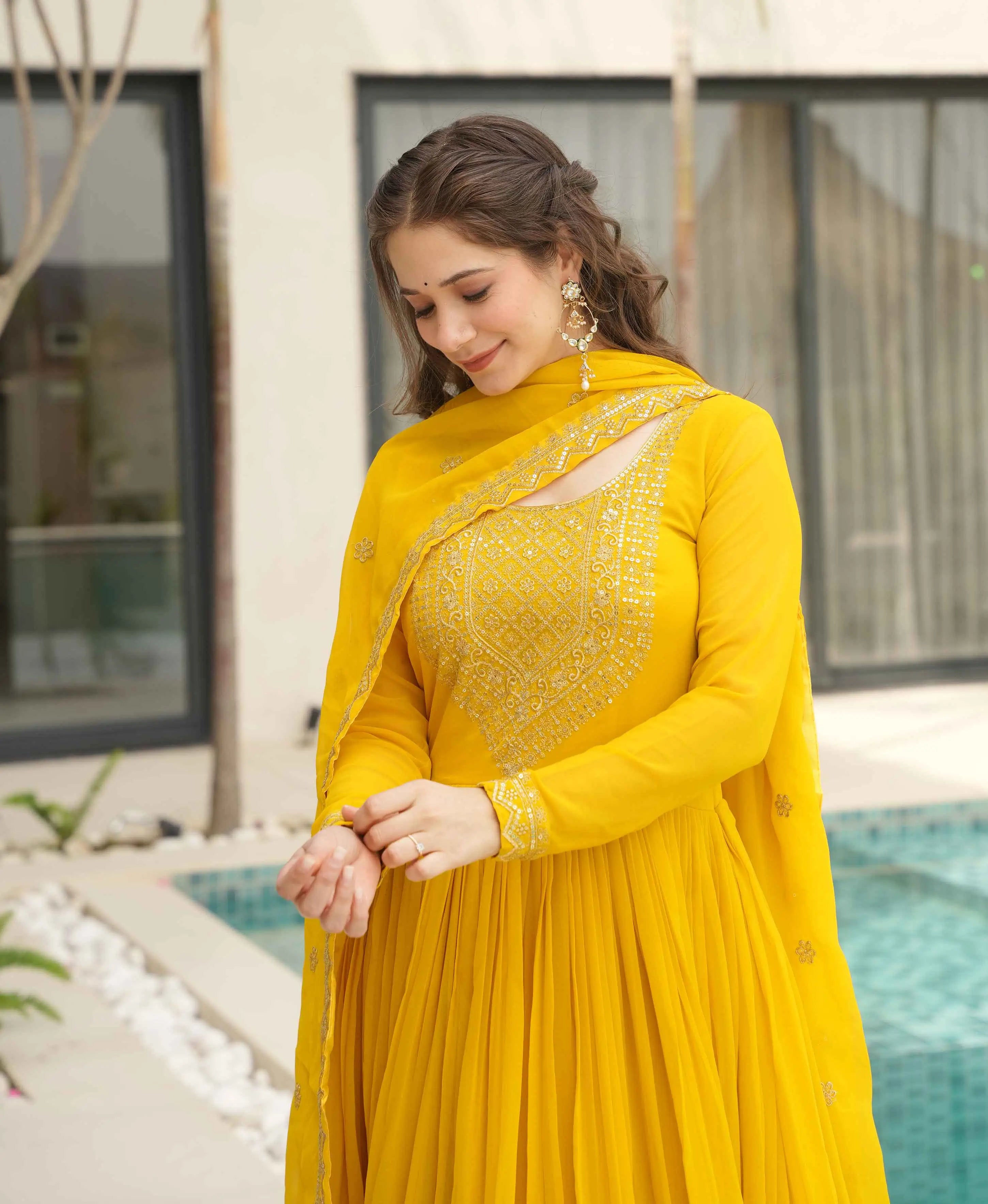 Lightning Yellow Zari Embroidery Work Gown With Dupatta - qivii