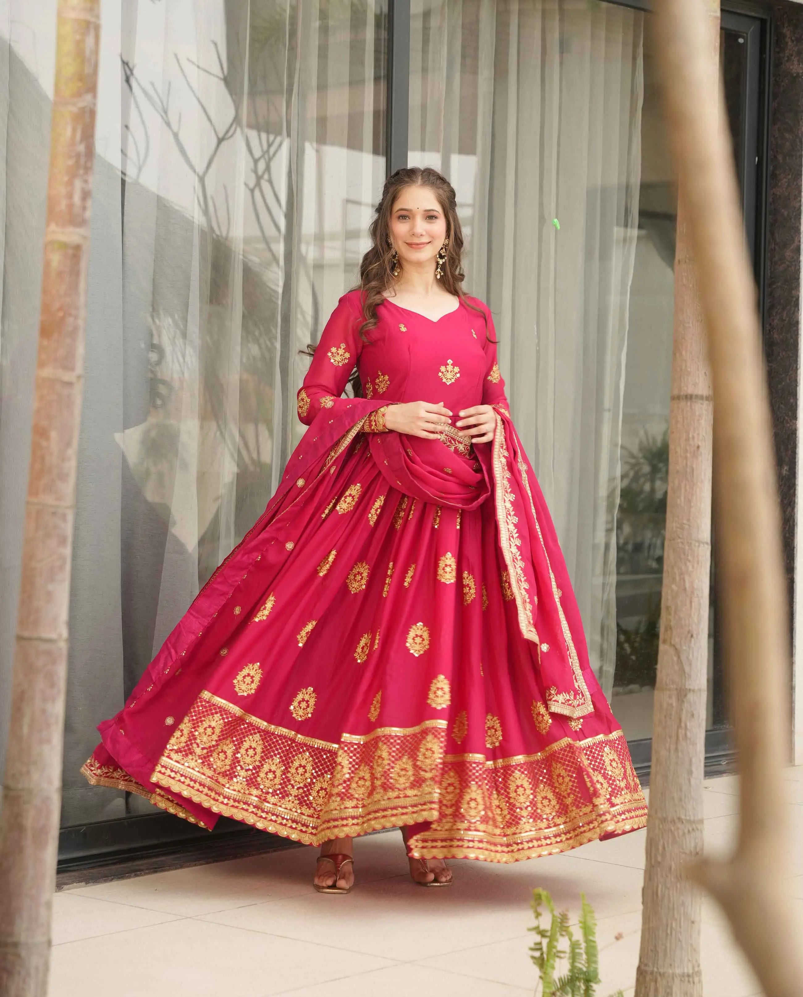 Cerise Pink Georgette Gown With Zari Embroidery Work And Dupatta - qivii