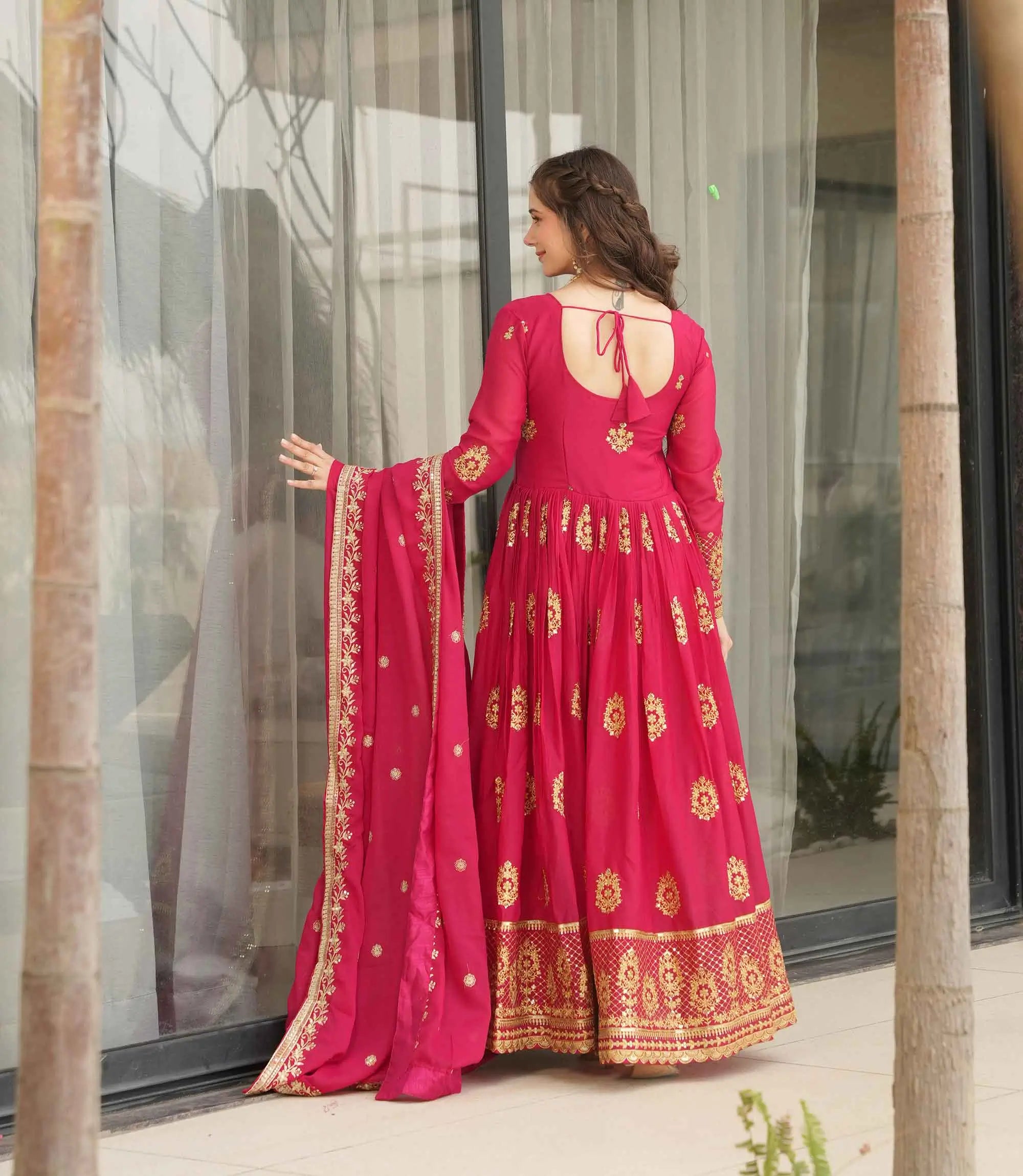 Cerise Pink Georgette Gown With Zari Embroidery Work And Dupatta - qivii