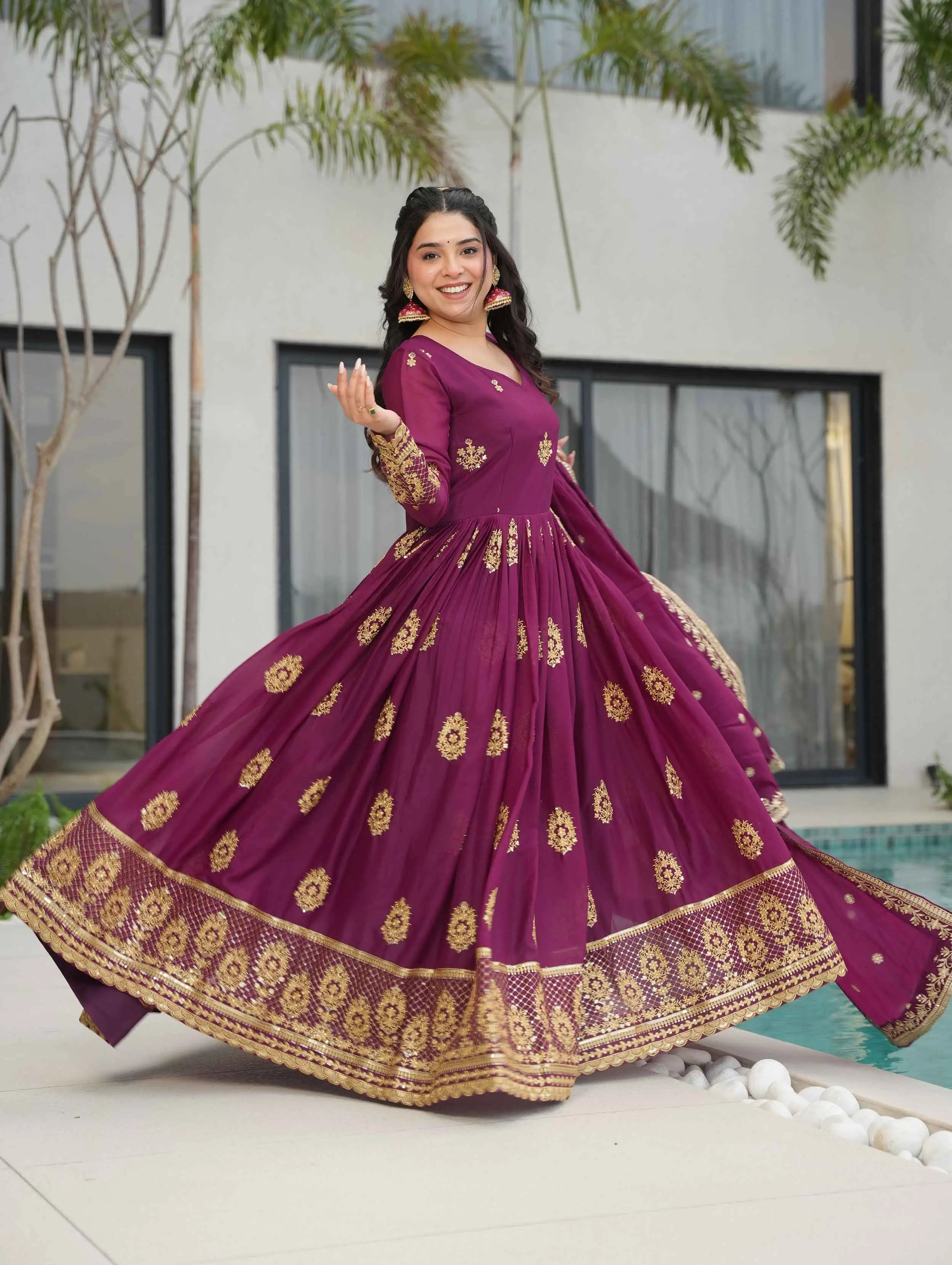 Wine Georgette Gown With Zari Embroidery Work And Dupatta - qivii
