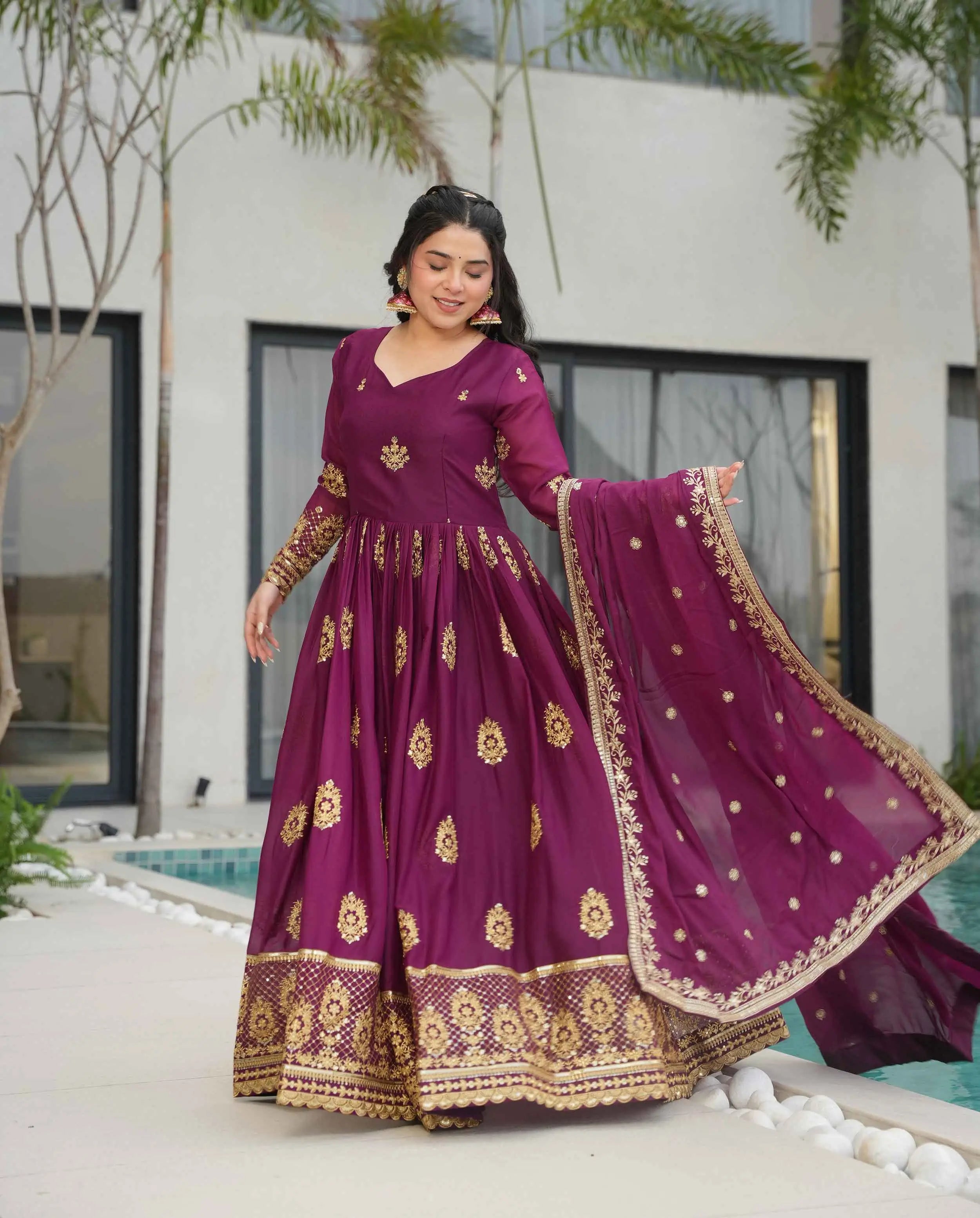 Wine Georgette Gown With Zari Embroidery Work And Dupatta - qivii