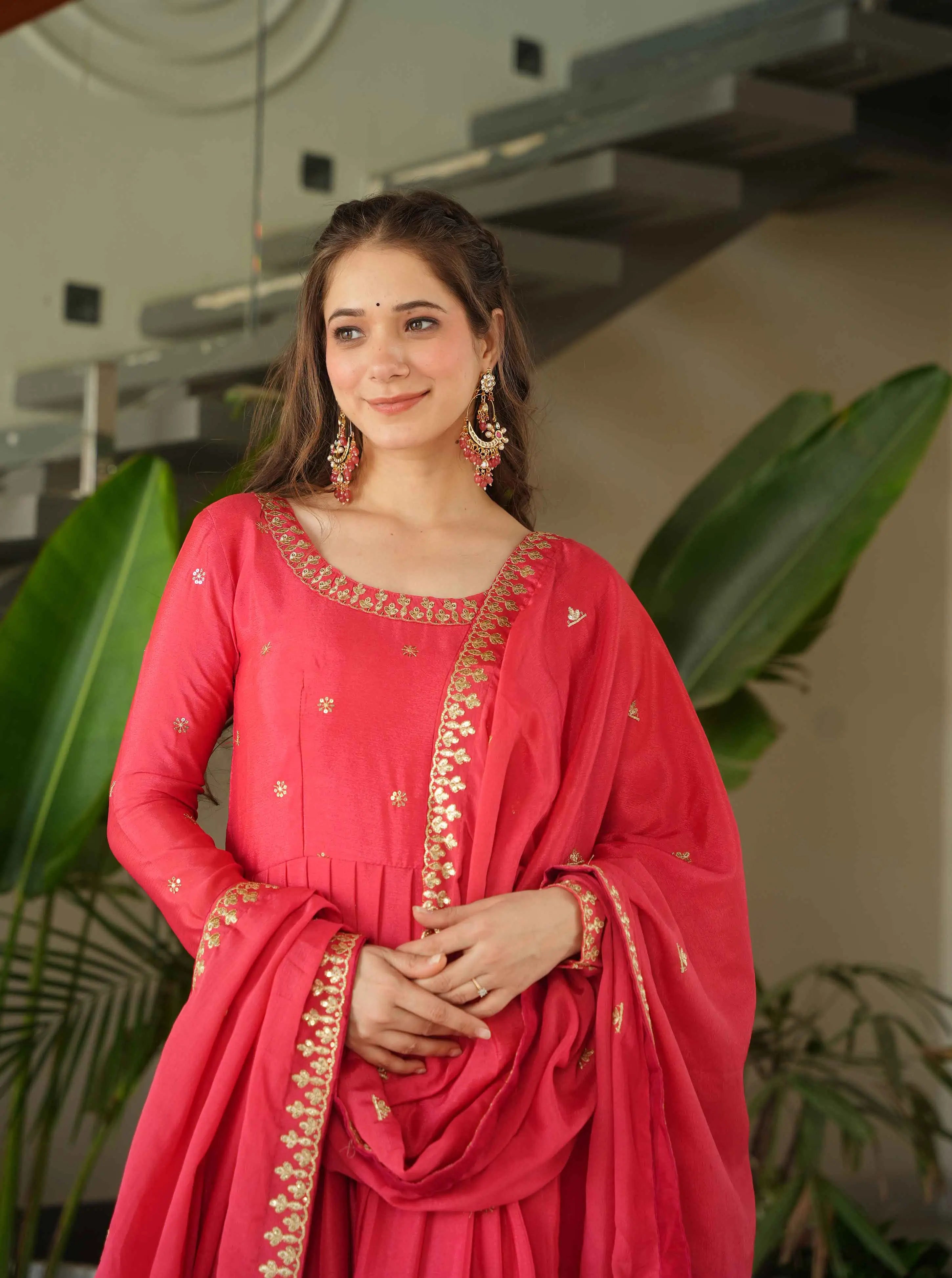 Peachy Red Embroidery Zari Sequins Work Gown With Dupatta - qivii