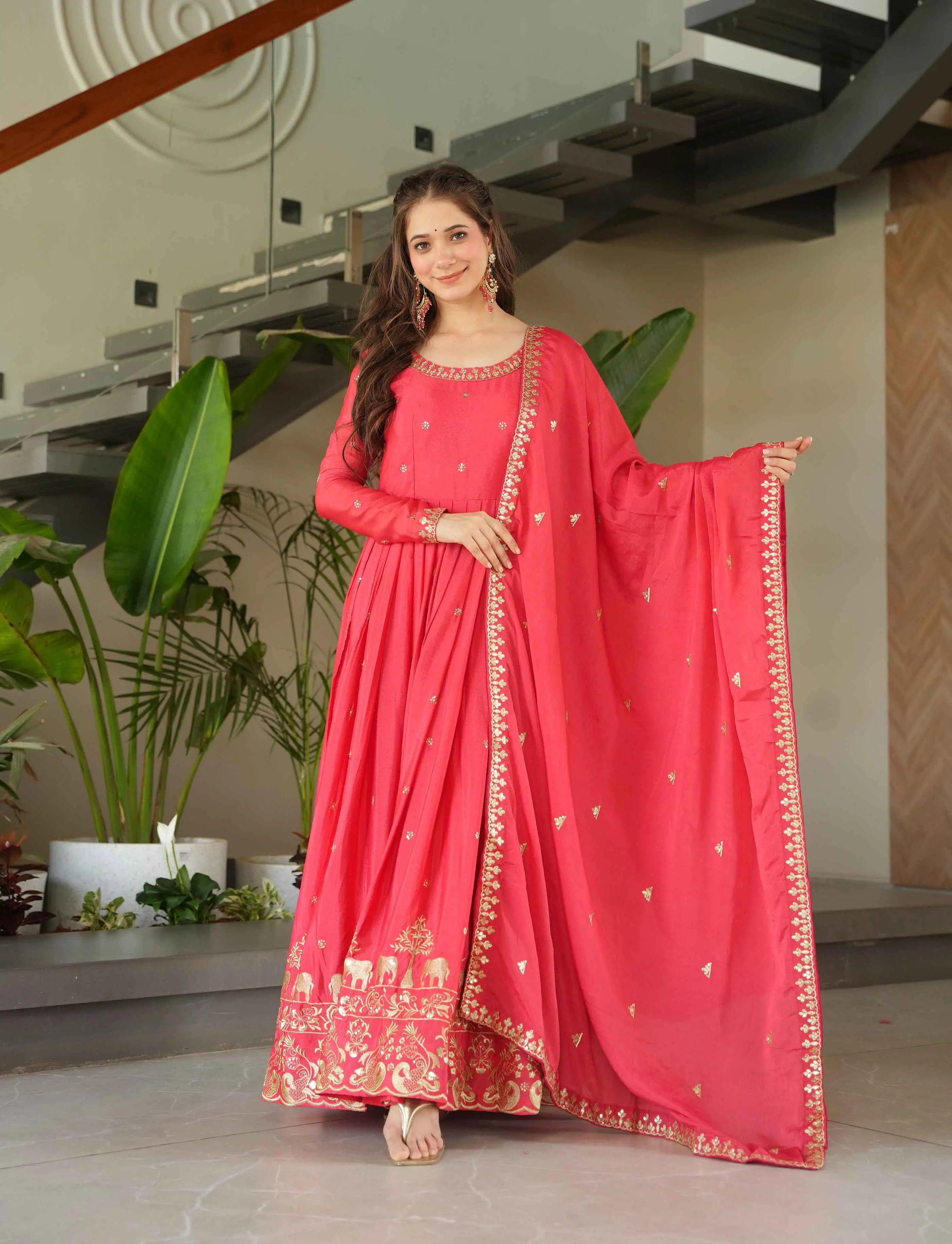 Peachy Red Embroidery Zari Sequins Work Gown With Dupatta - qivii