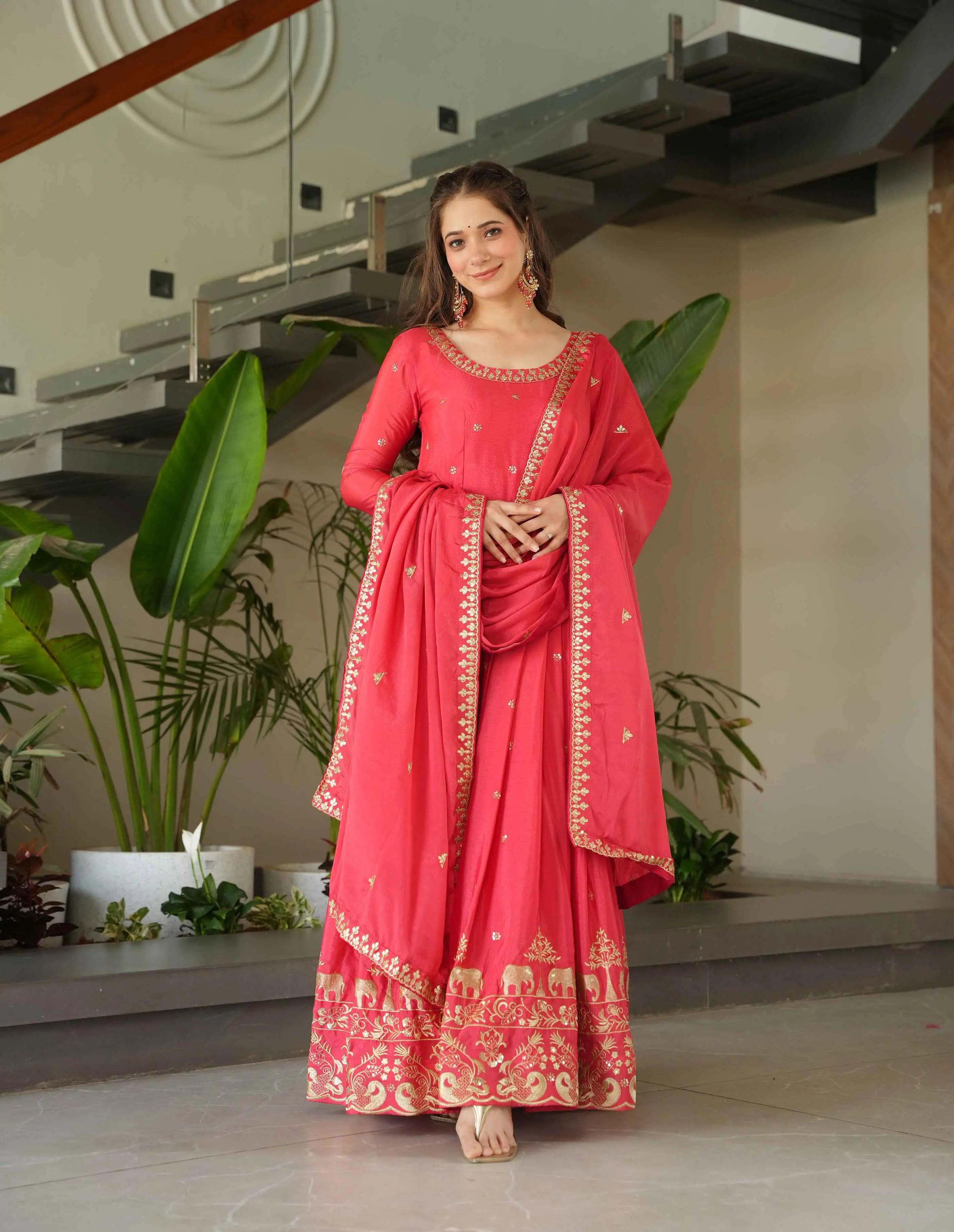 Peachy Red Embroidery Zari Sequins Work Gown With Dupatta - qivii