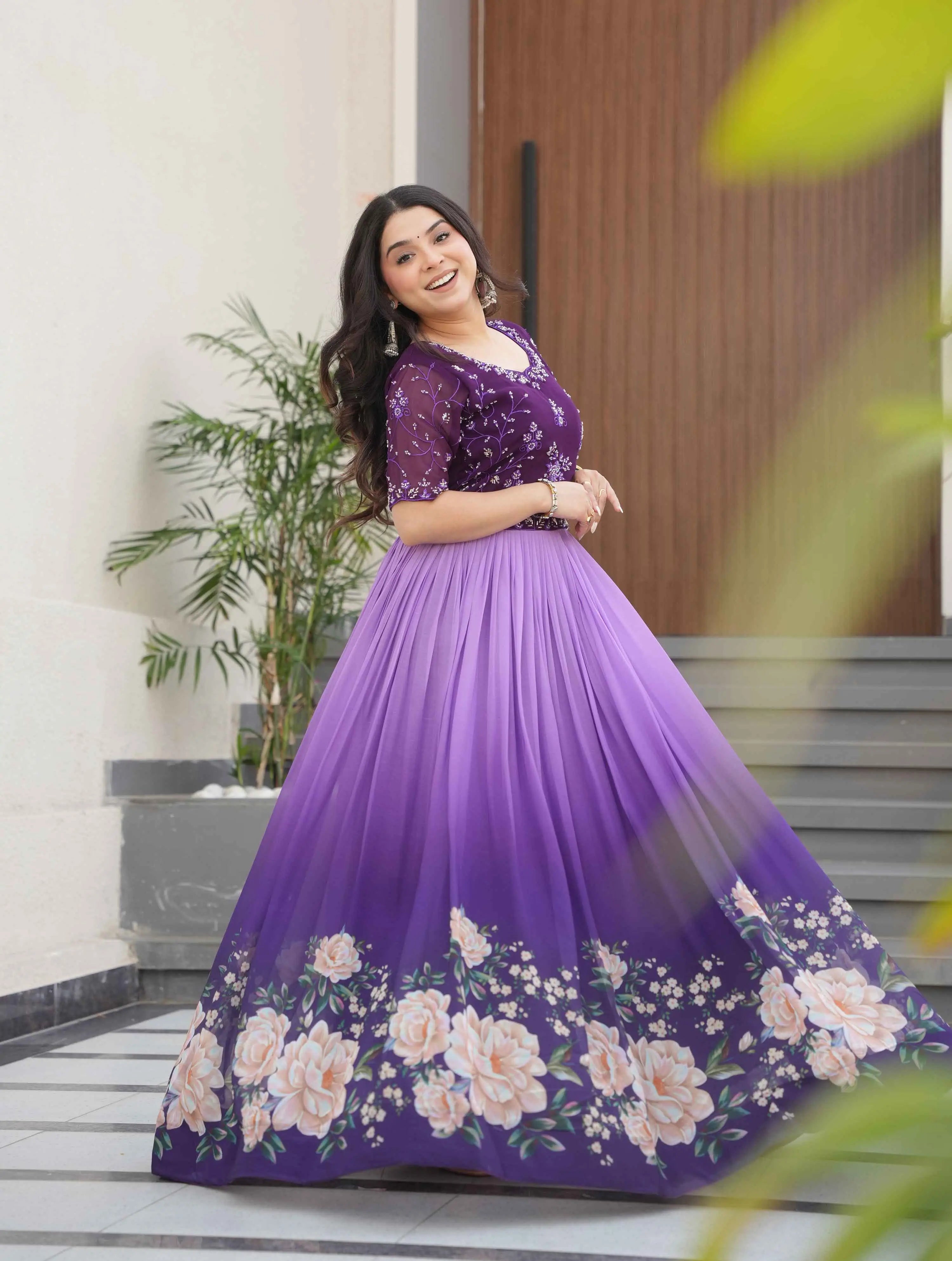 Purple Floral Padding Digital Print Gown With Beads Embroidery Work - qivii