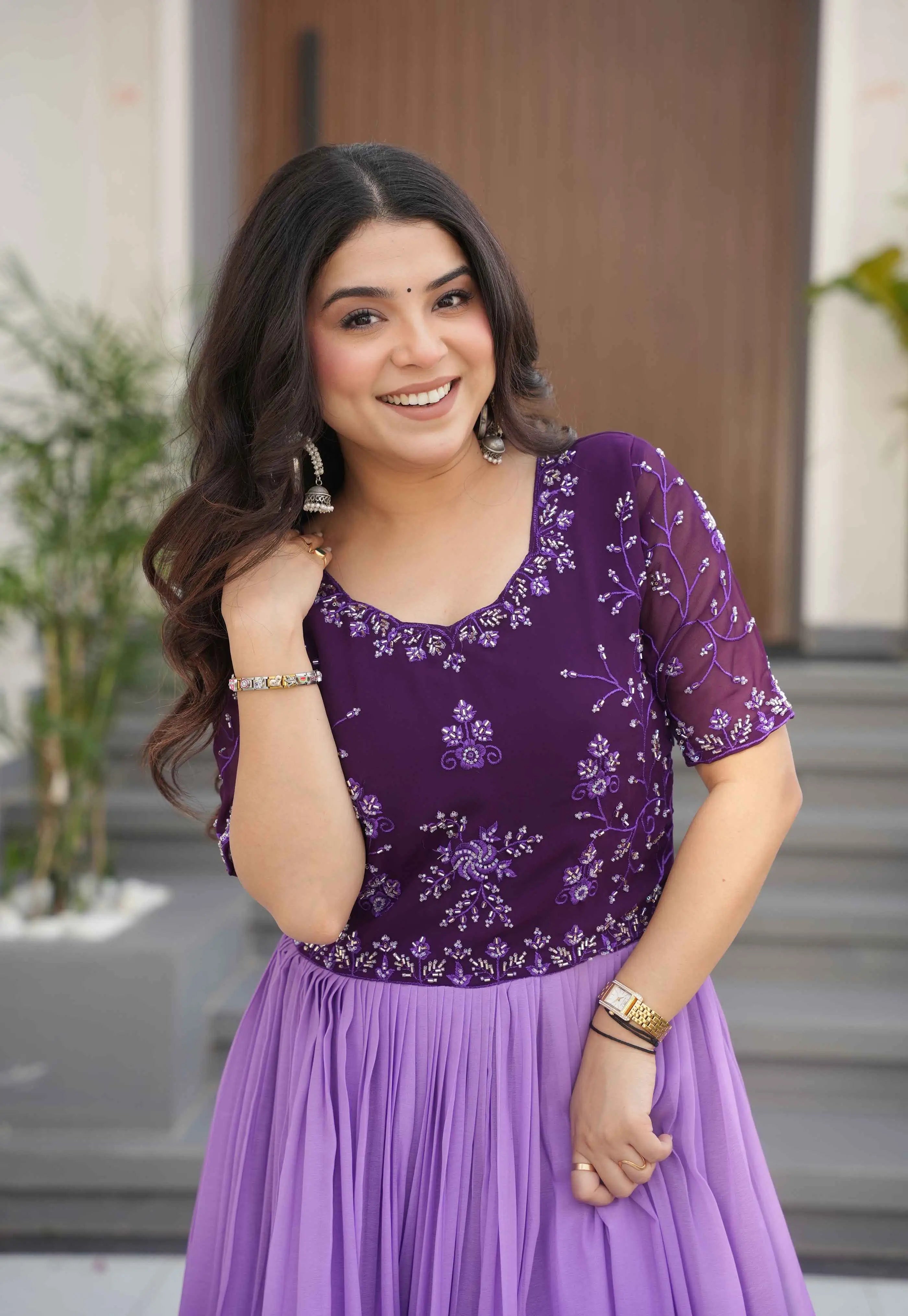 Purple Floral Padding Digital Print Gown With Beads Embroidery Work - qivii