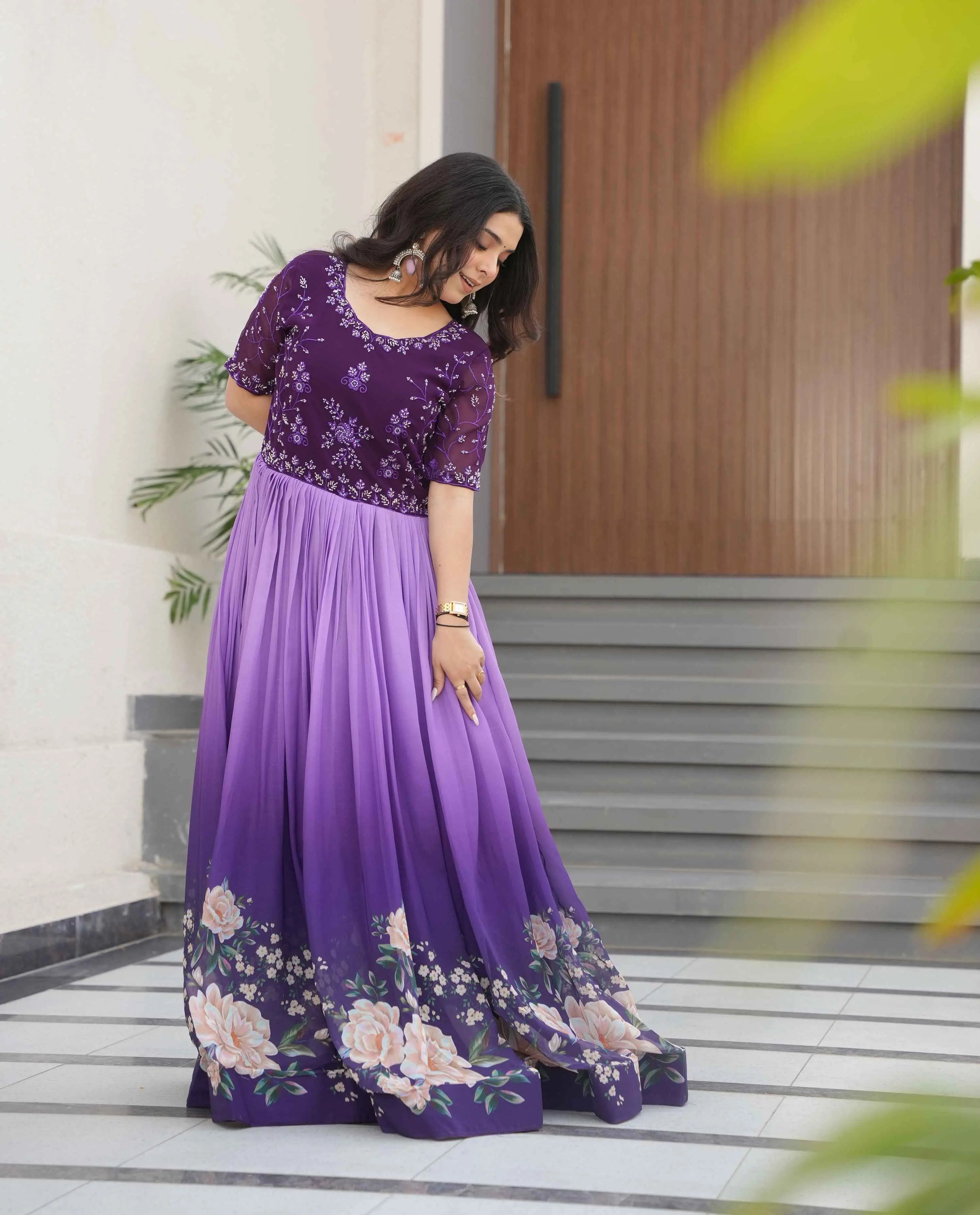 Purple Floral Padding Digital Print Gown With Beads Embroidery Work - qivii