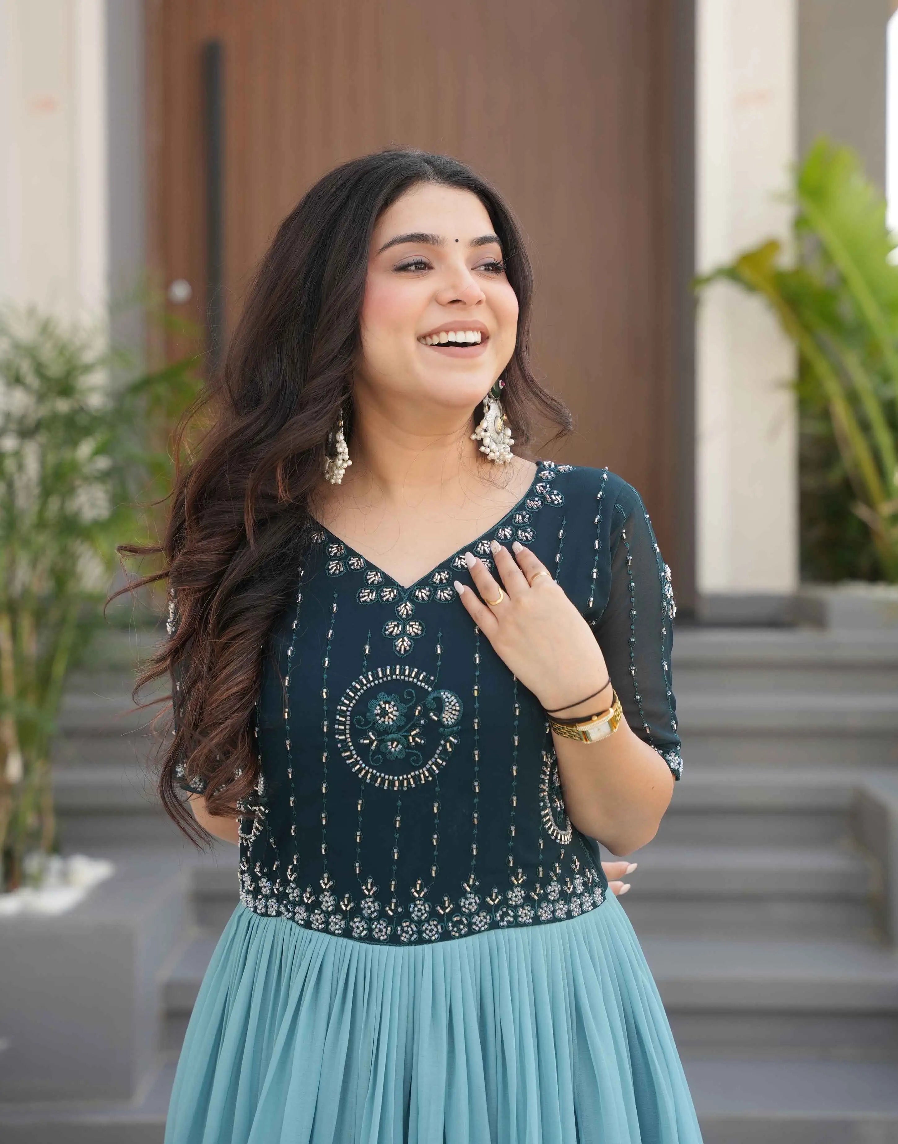 Teal Blue Floral Padding Digital Print Gown With Beads Embroidery Work - qivii