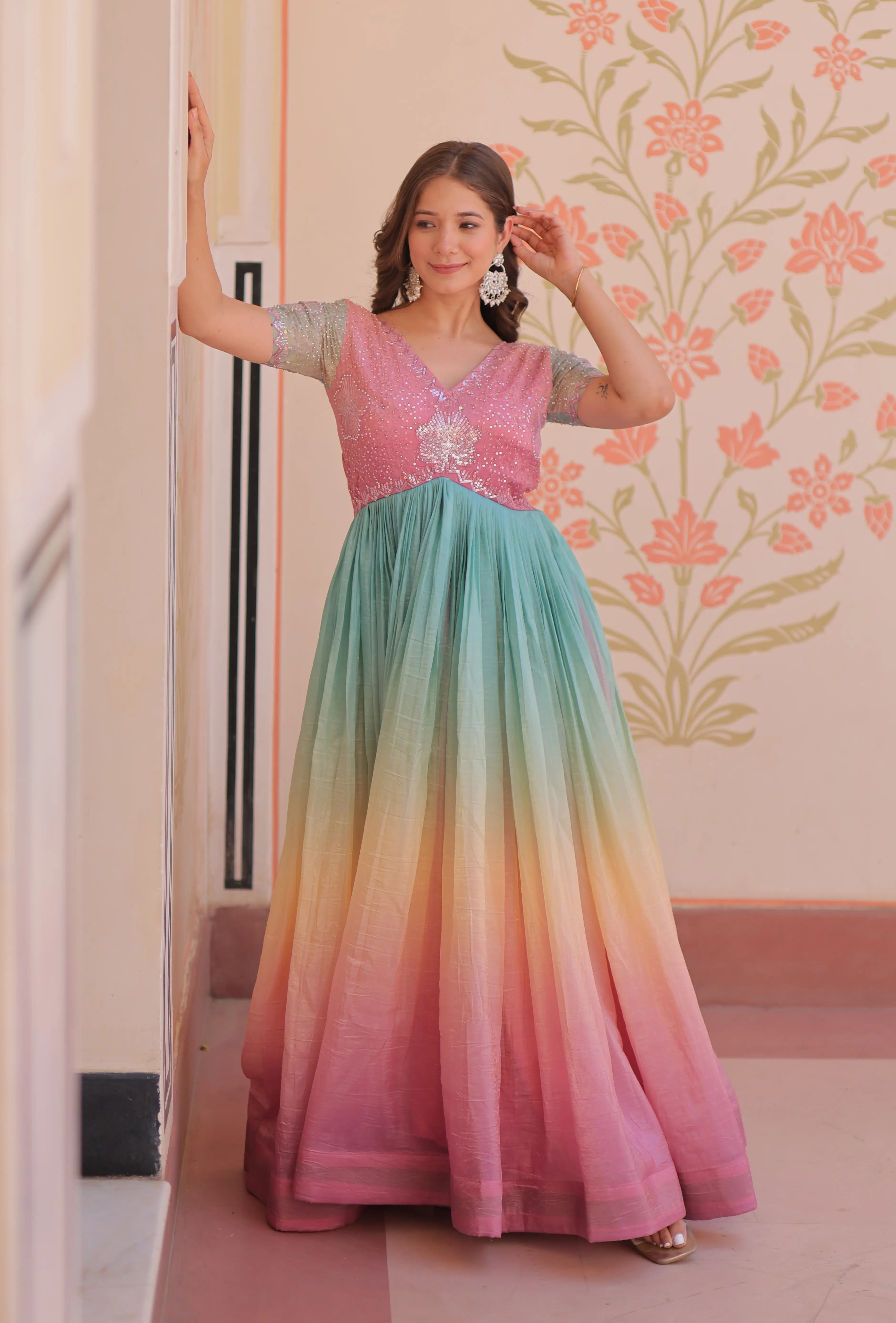 Designer Peach Color Padding & Beads Embroidery Work Gown - qivii