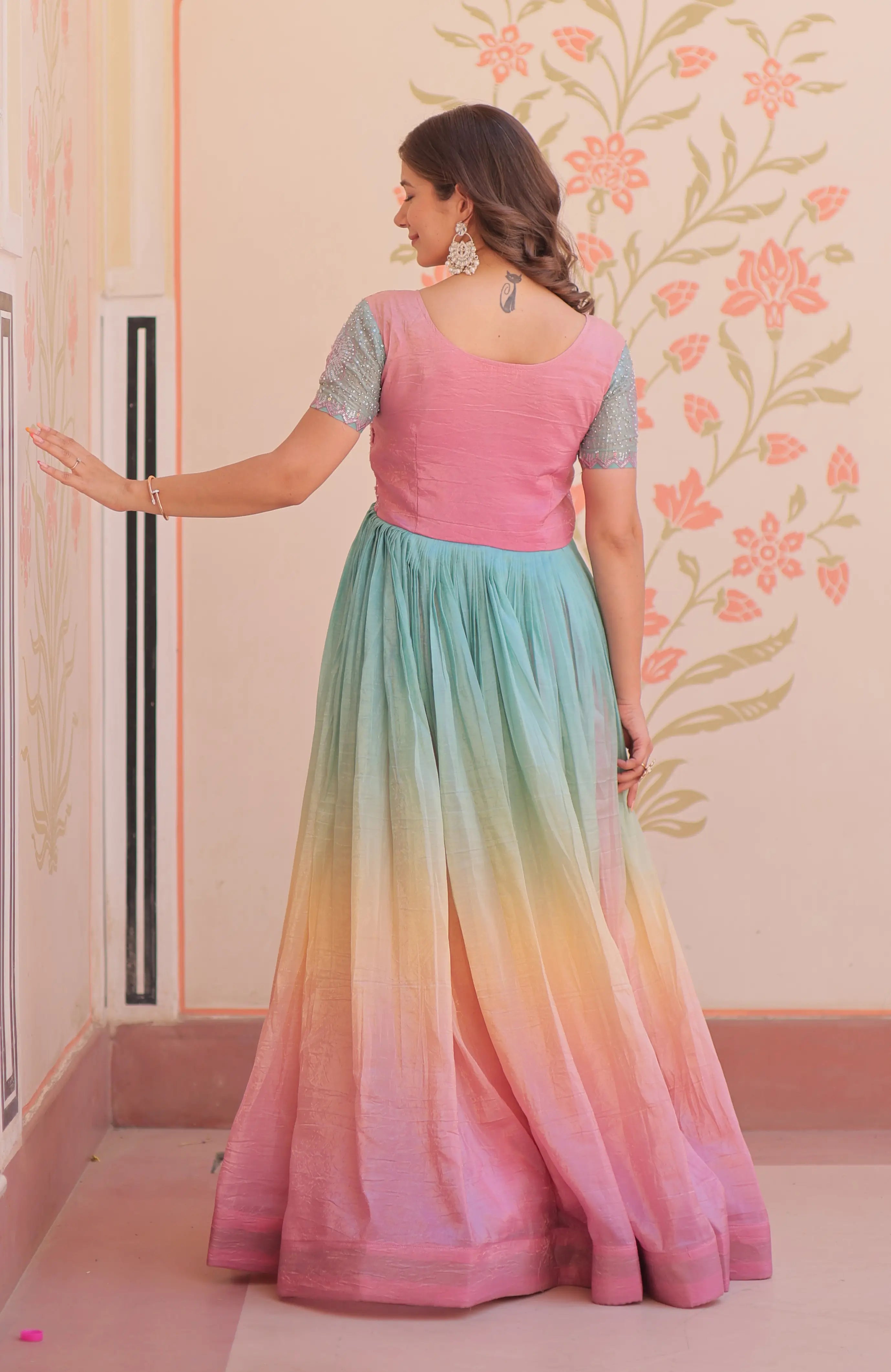 Designer Peach Color Padding & Beads Embroidery Work Gown - qivii