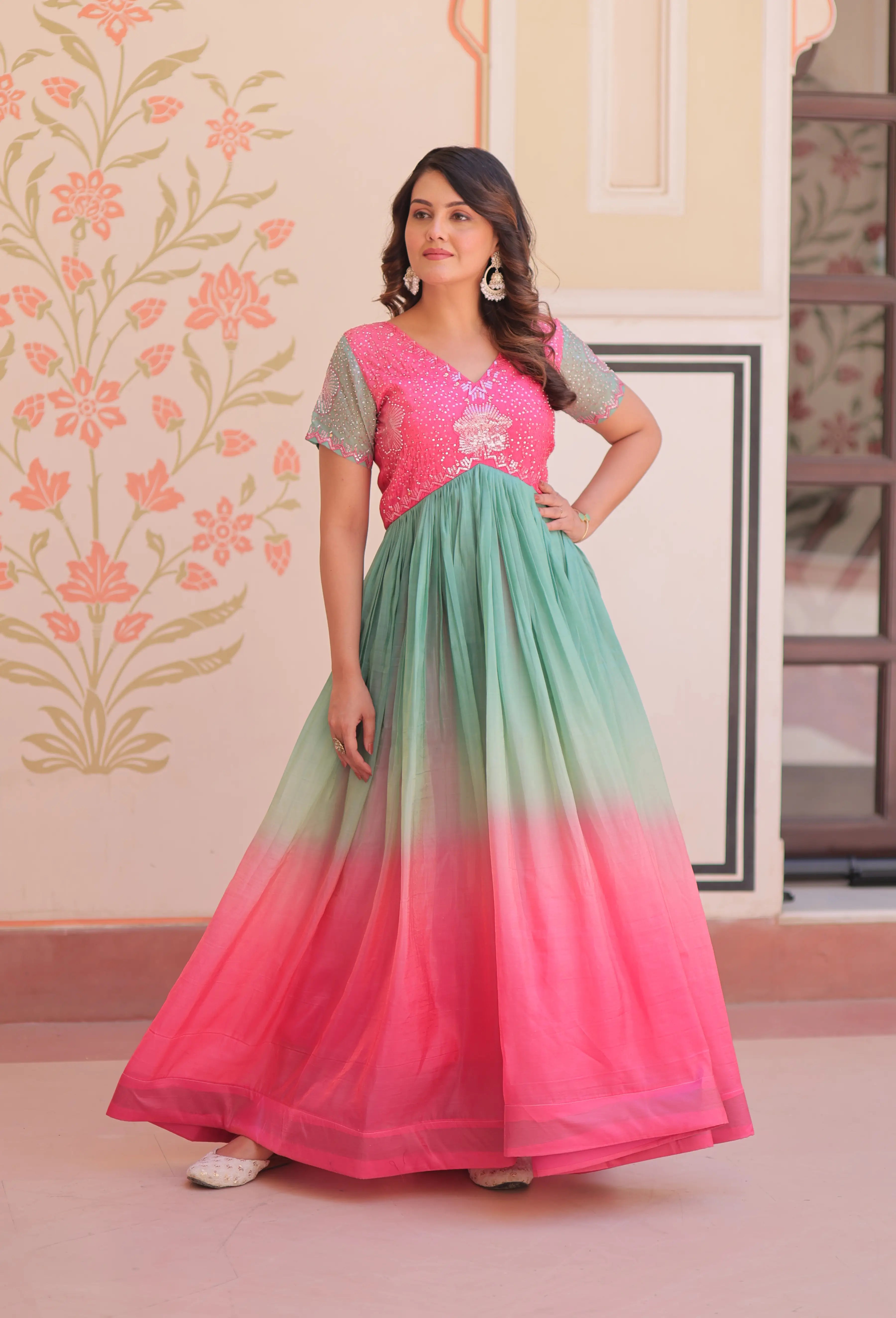 Designer Pink Color Padding & Beads Embroidery Work Gown - qivii
