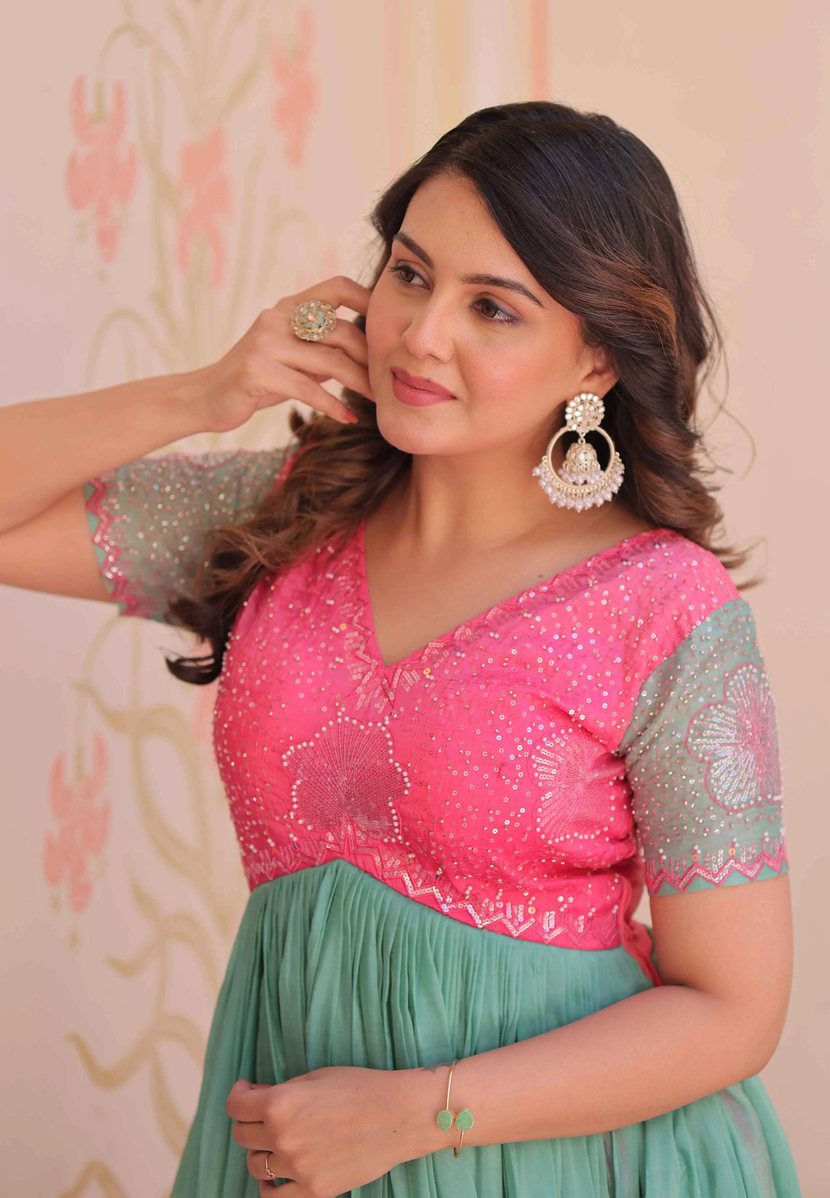 Designer Pink Color Padding & Beads Embroidery Work Gown - qivii