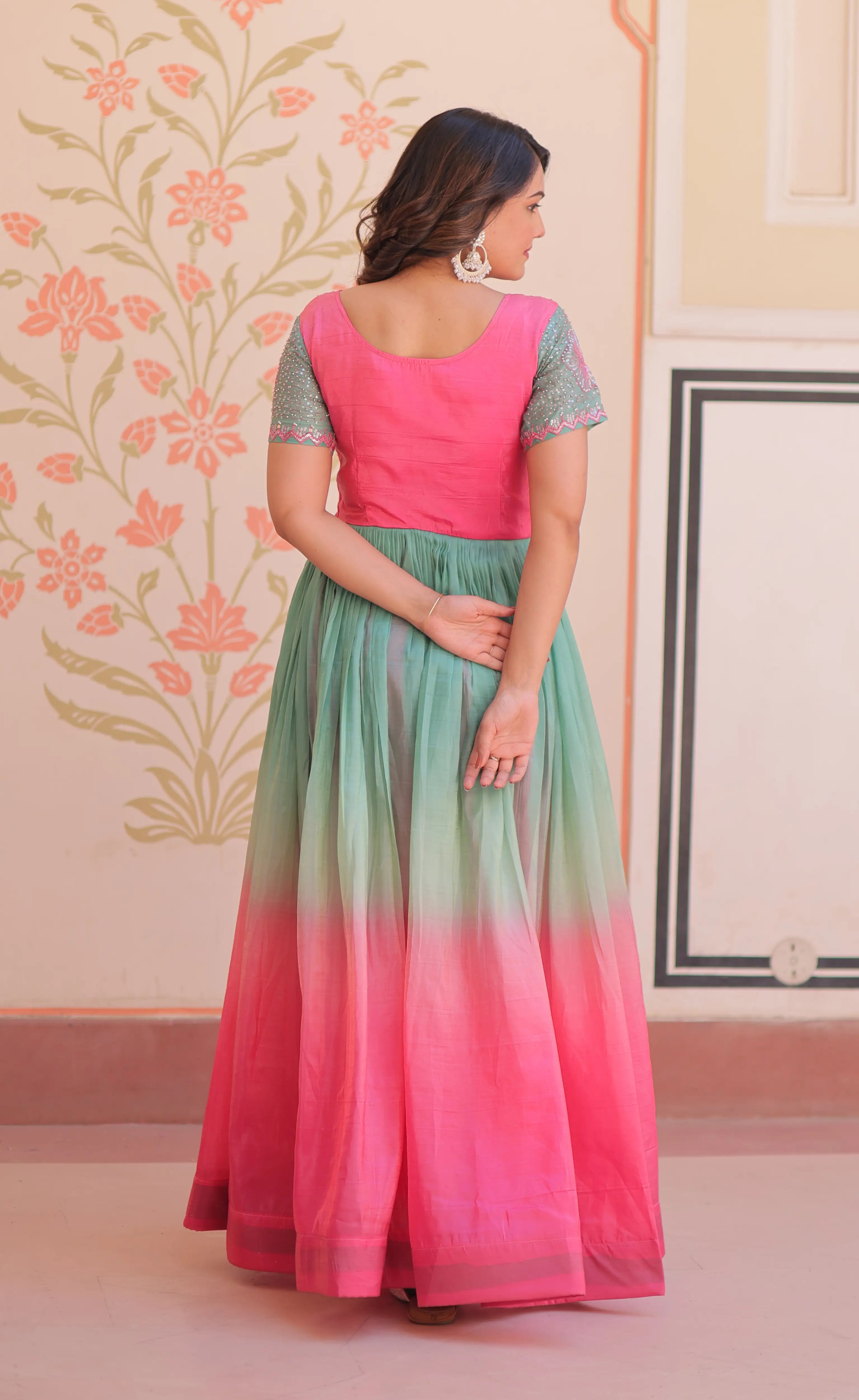 Designer Pink Color Padding & Beads Embroidery Work Gown - qivii