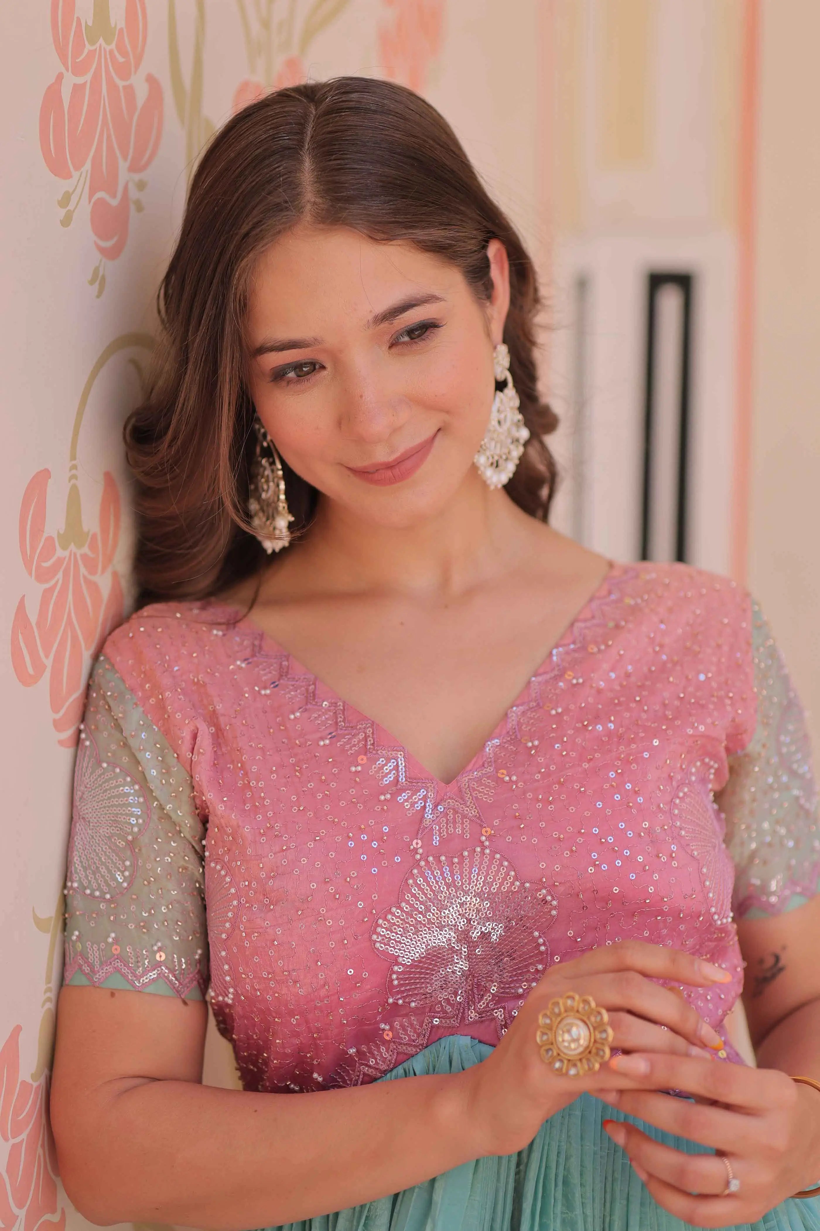 Designer Peach Color Padding & Beads Embroidery Work Gown - qivii