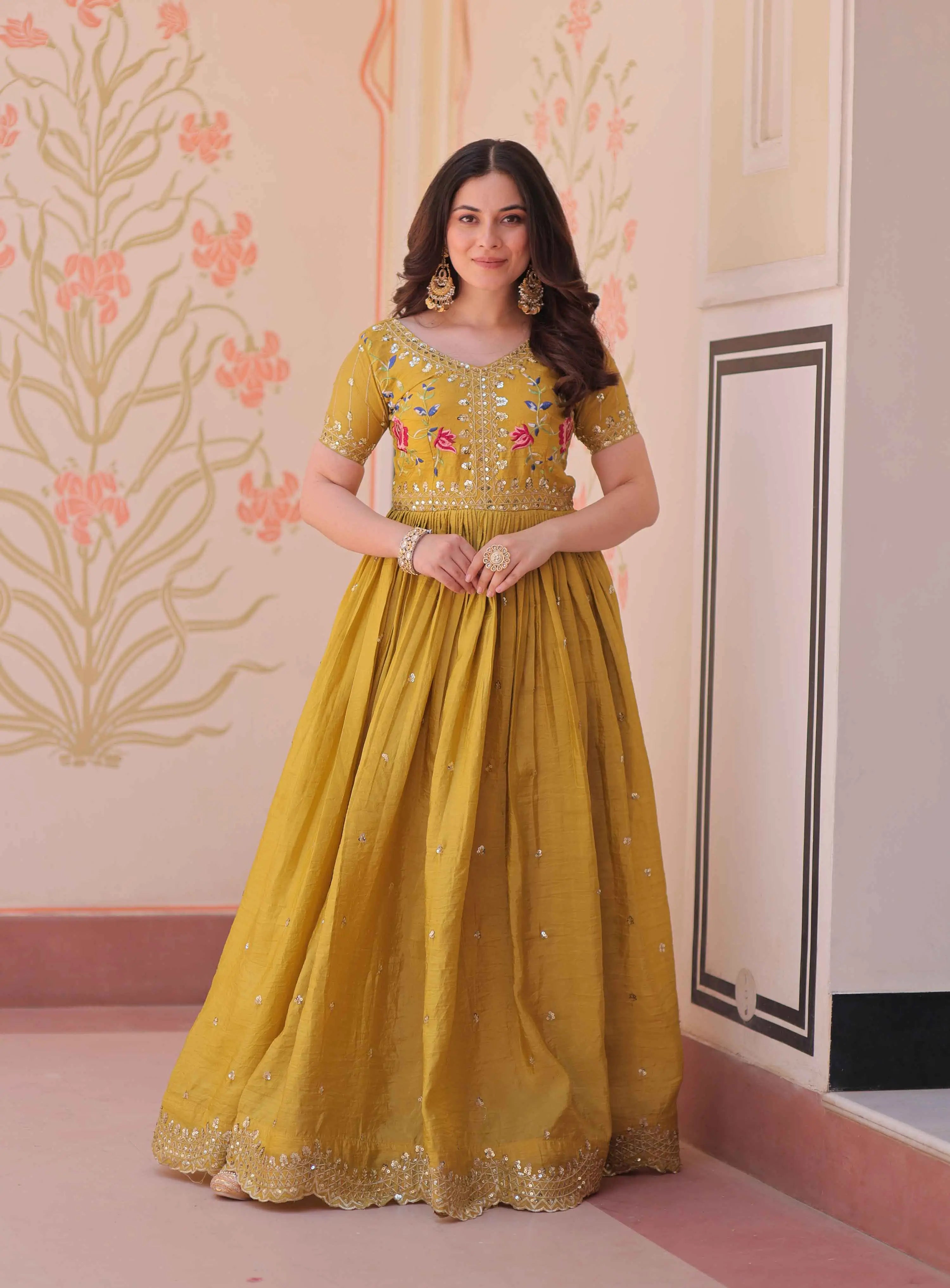 Designer Yellow Gold Crush Multi Thread Sequins Embroidery Work Gown - qivii