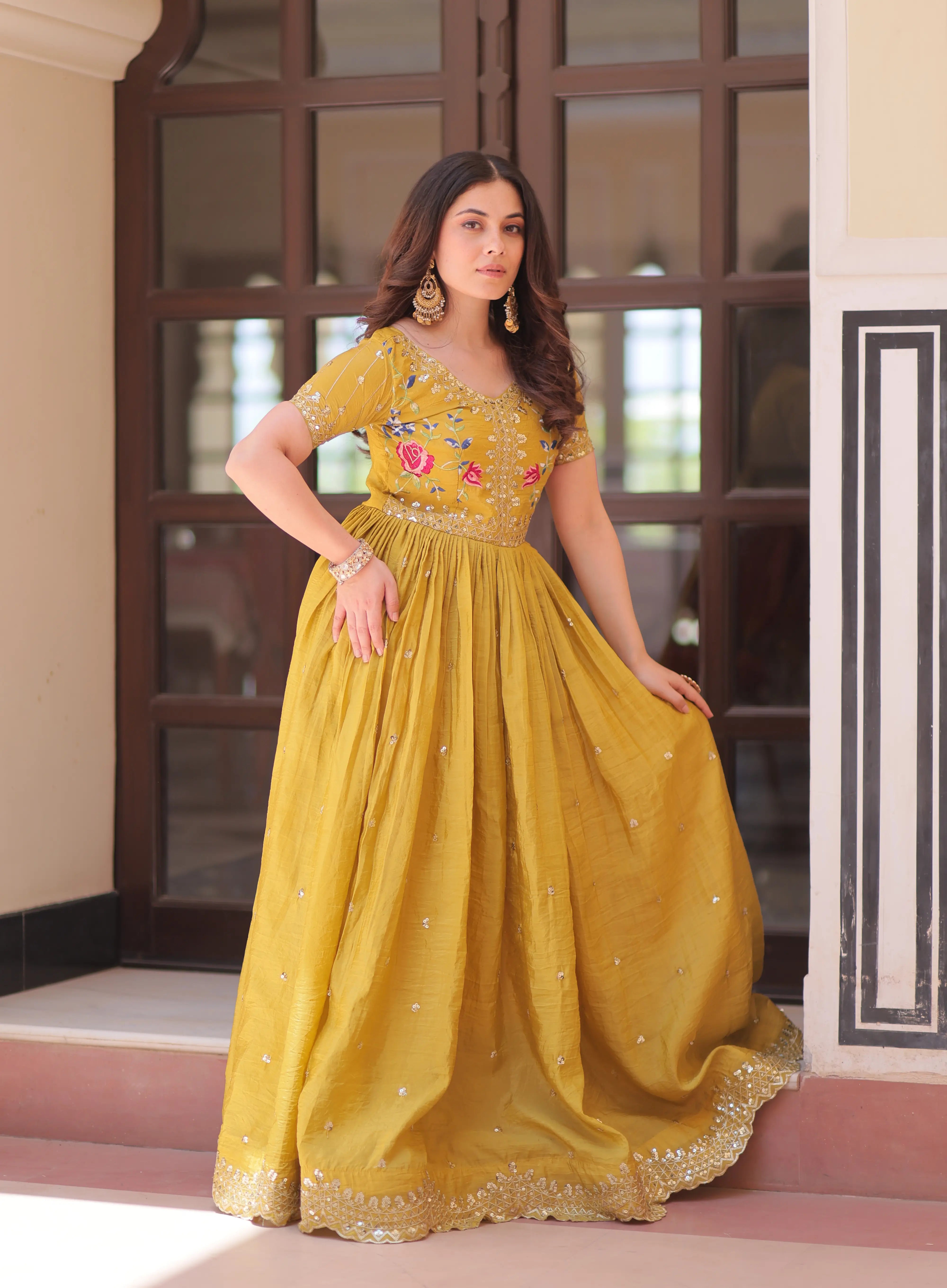 Designer Yellow Gold Crush Multi Thread Sequins Embroidery Work Gown - qivii