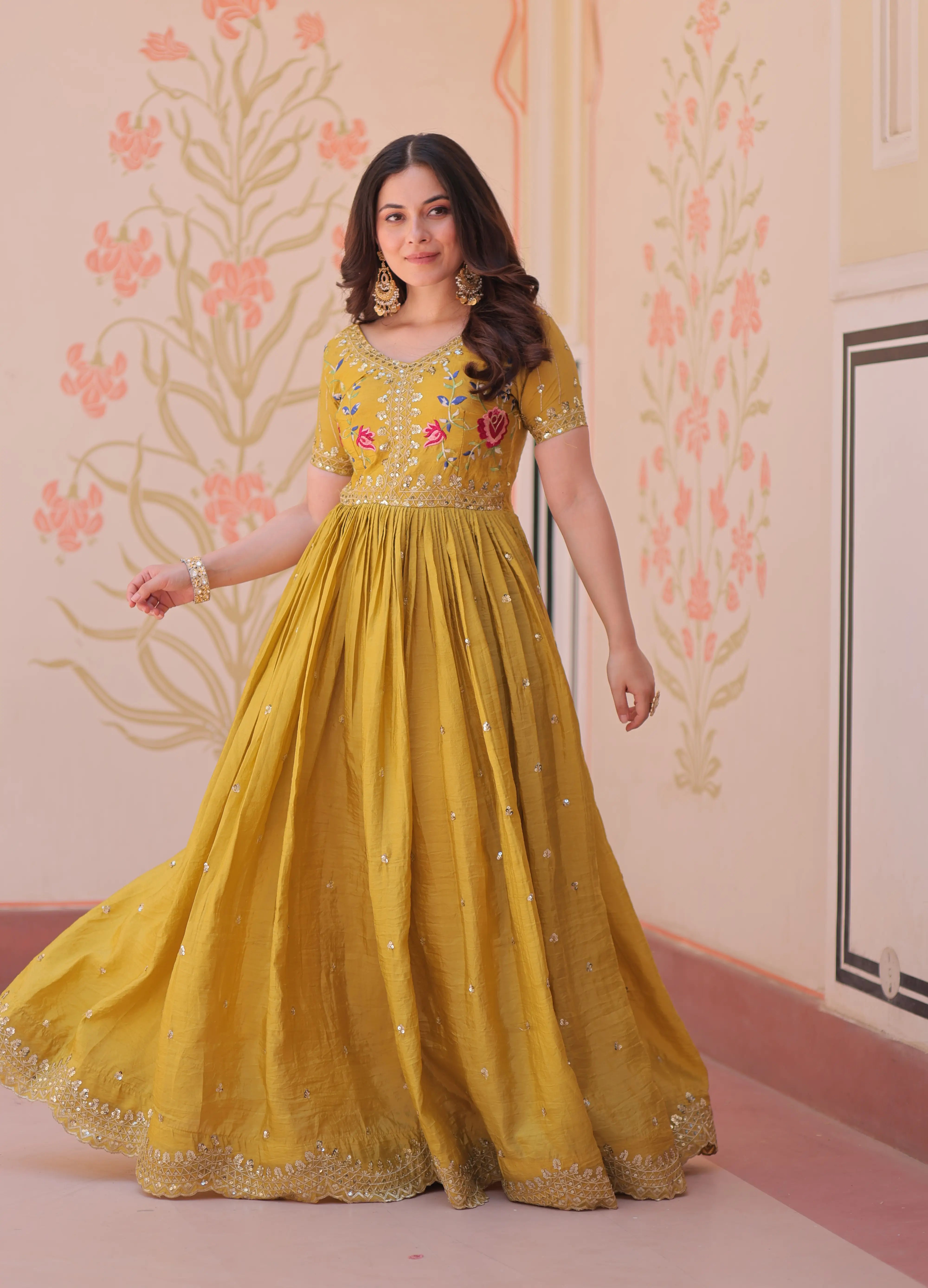 Designer Yellow Gold Crush Multi Thread Sequins Embroidery Work Gown - qivii