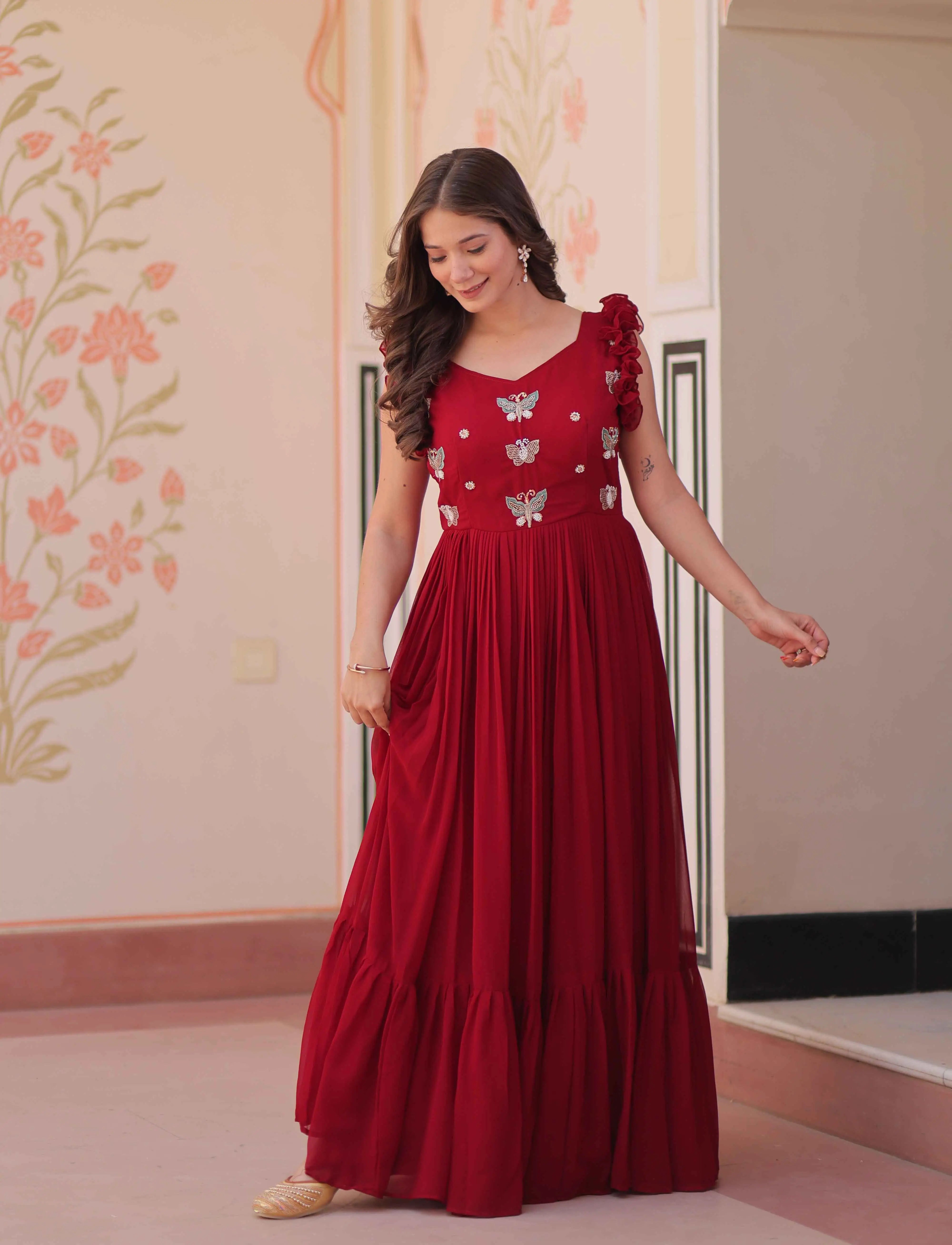 Paprika Red Georgette Multi Thread Beads Embroidery Work Gown - qivii