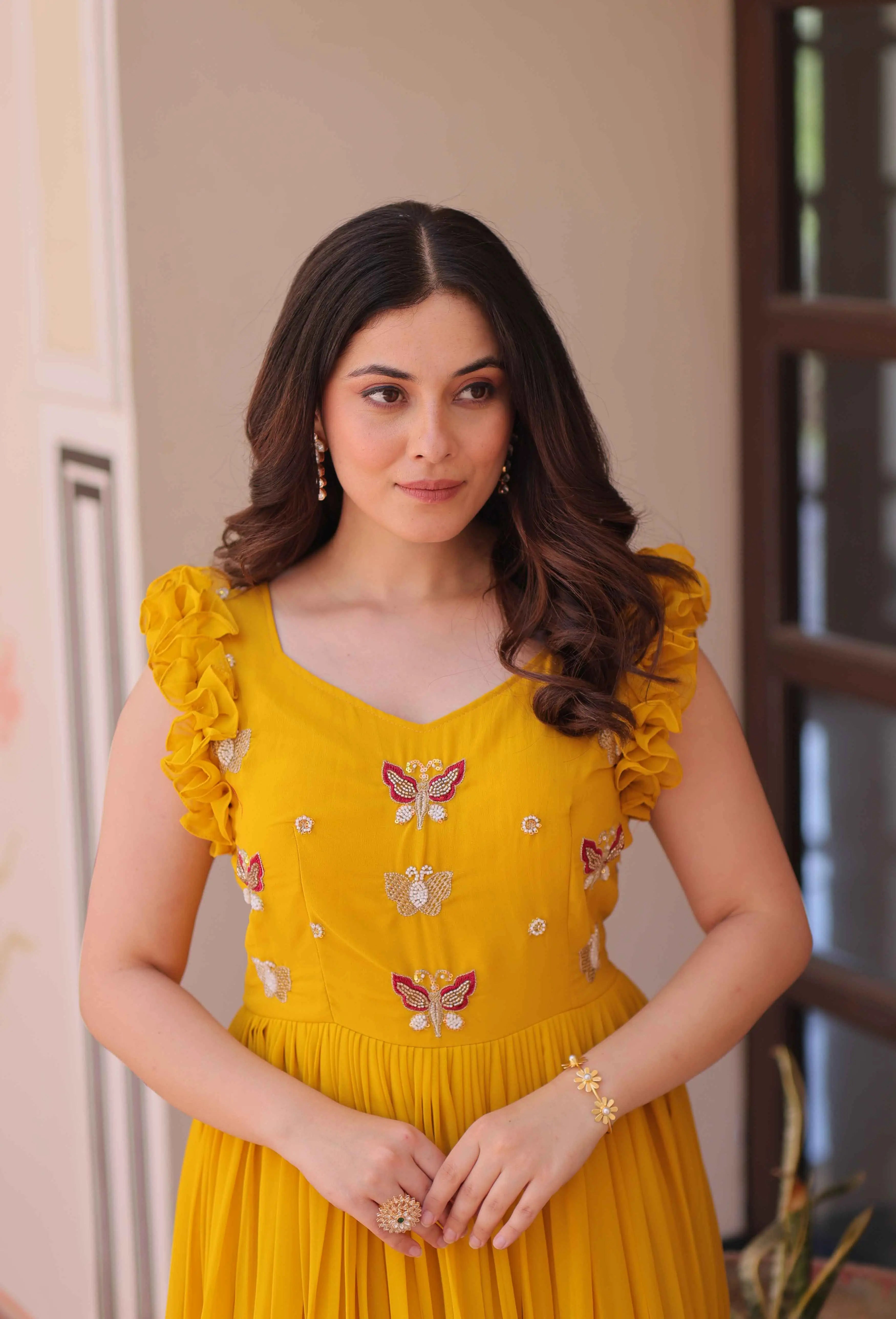 Squash Yellow Georgette Multi Thread Beads Embroidery Work Gown - qivii