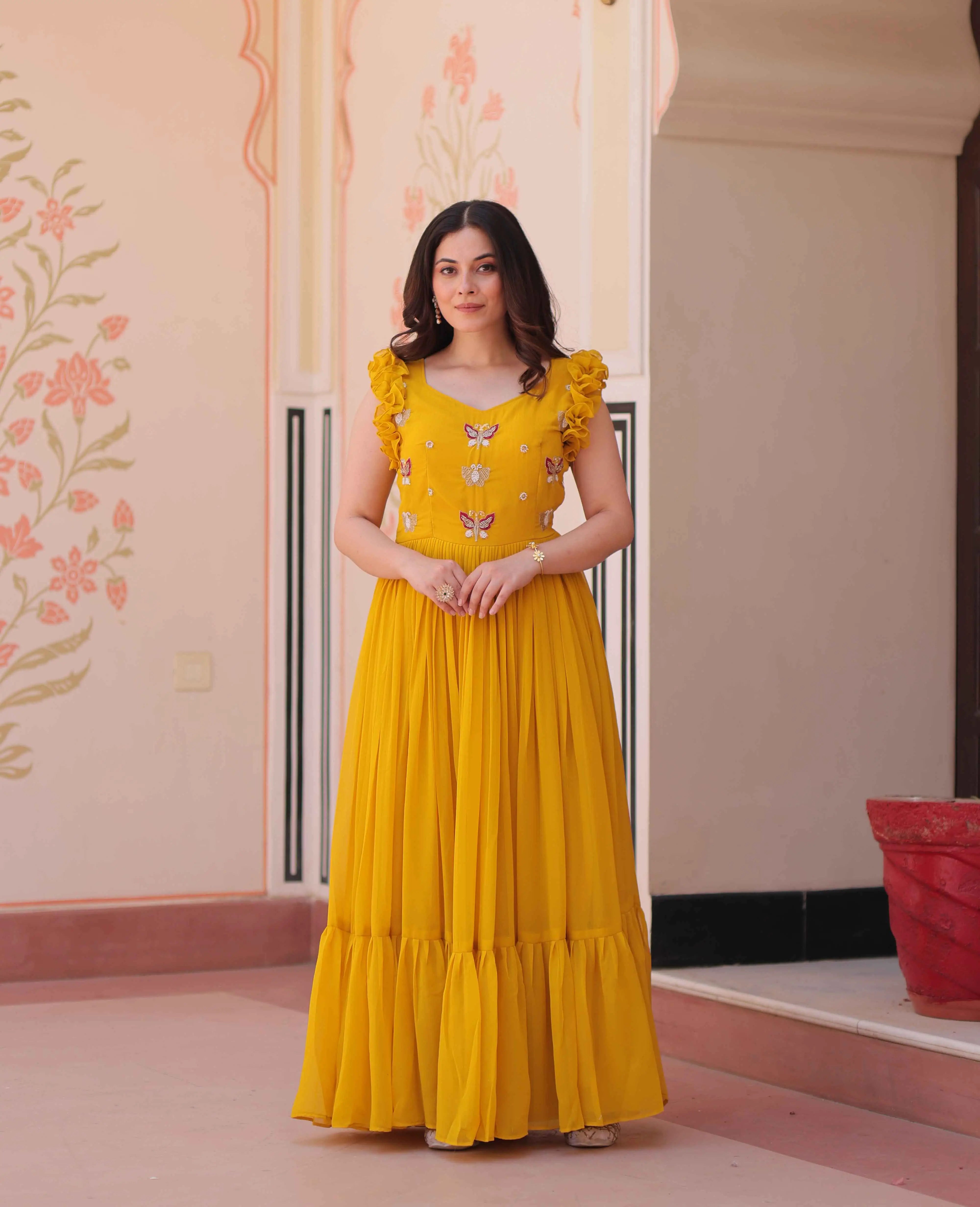 Squash Yellow Georgette Multi Thread Beads Embroidery Work Gown - qivii