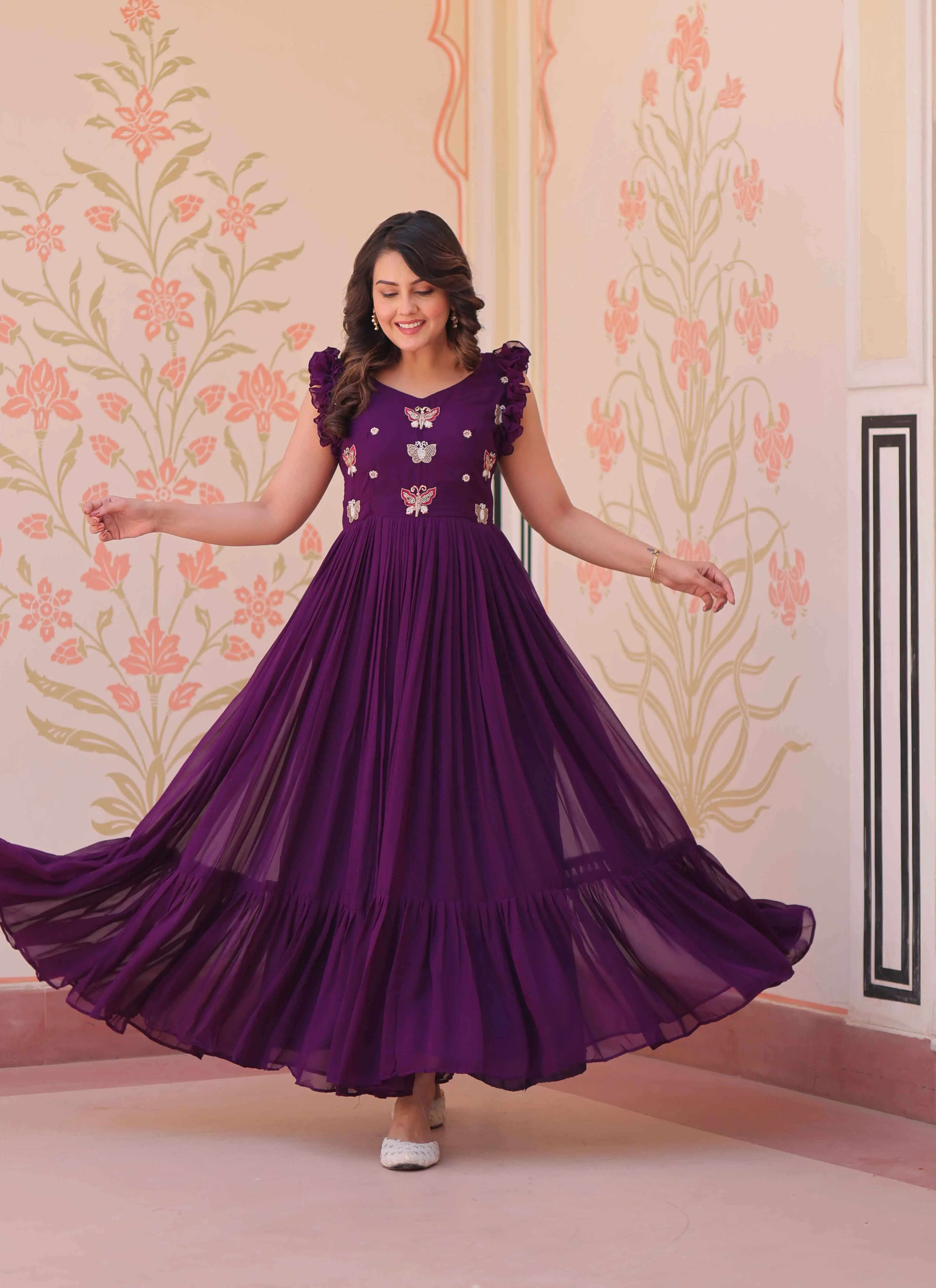 Purple Georgette Multi Thread Beads Embroidery Work Gown - qivii