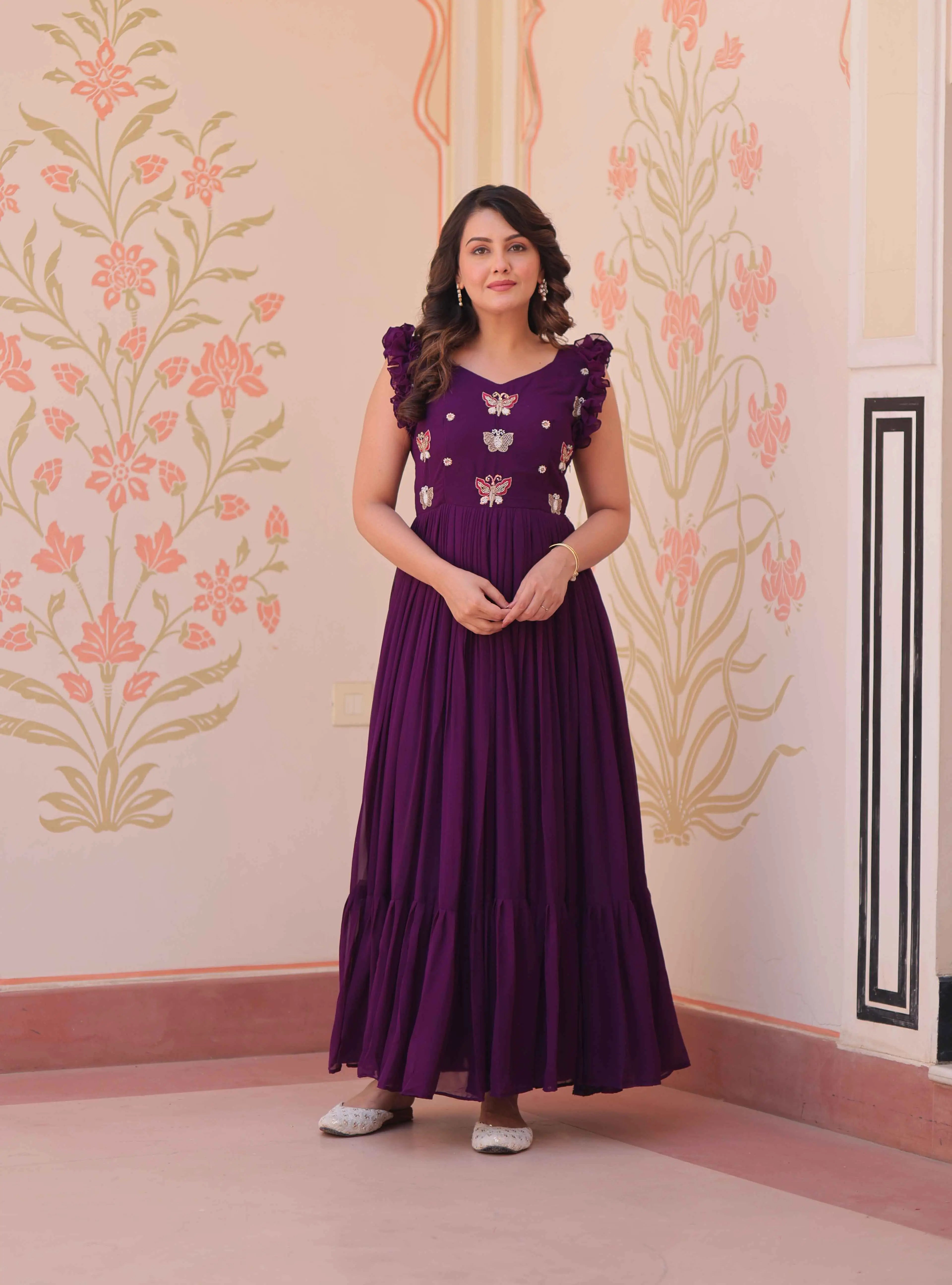 Purple Georgette Multi Thread Beads Embroidery Work Gown - qivii
