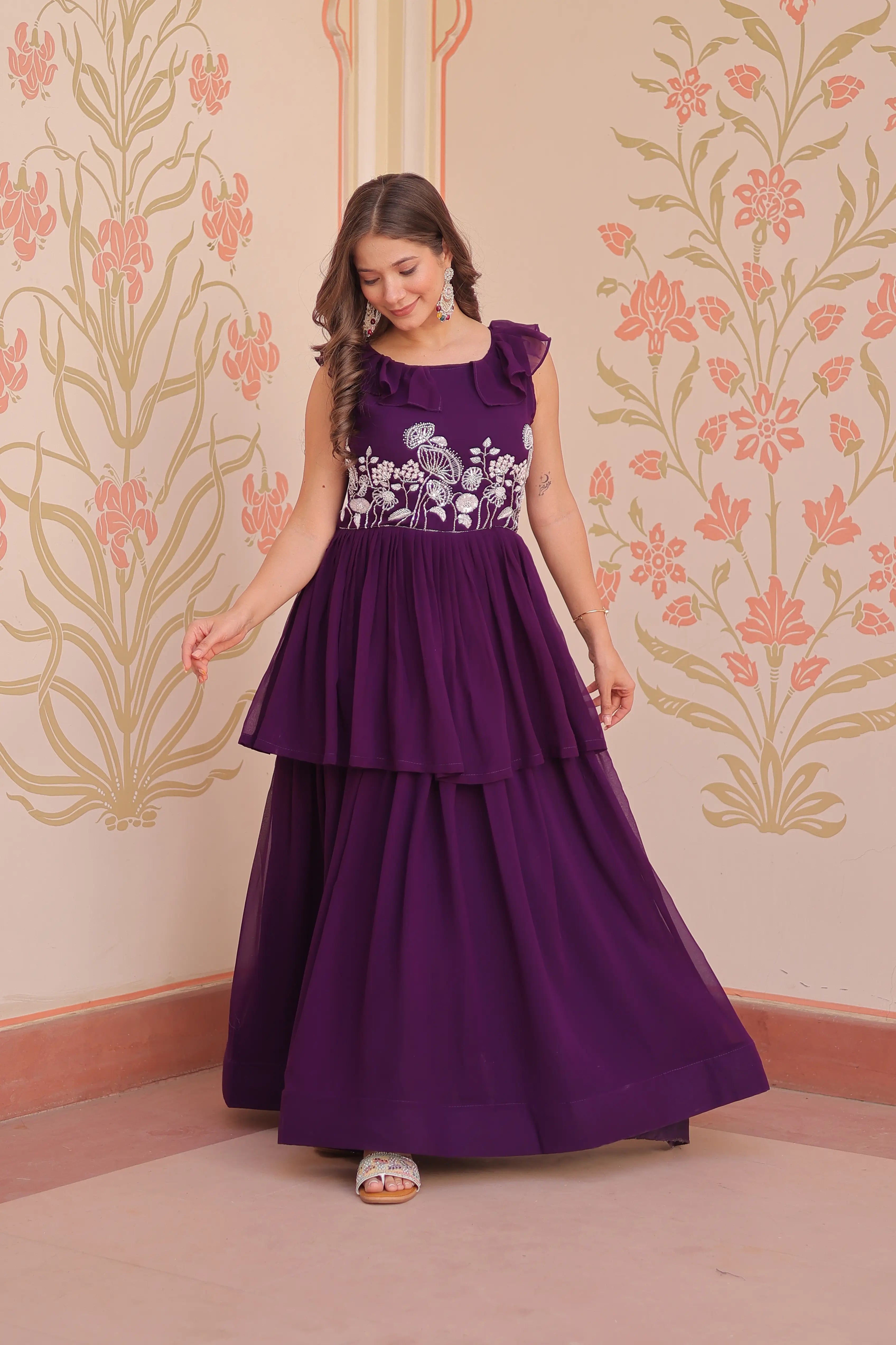 Designer Grape Purple Beads Embroidery Work Gown - qivii