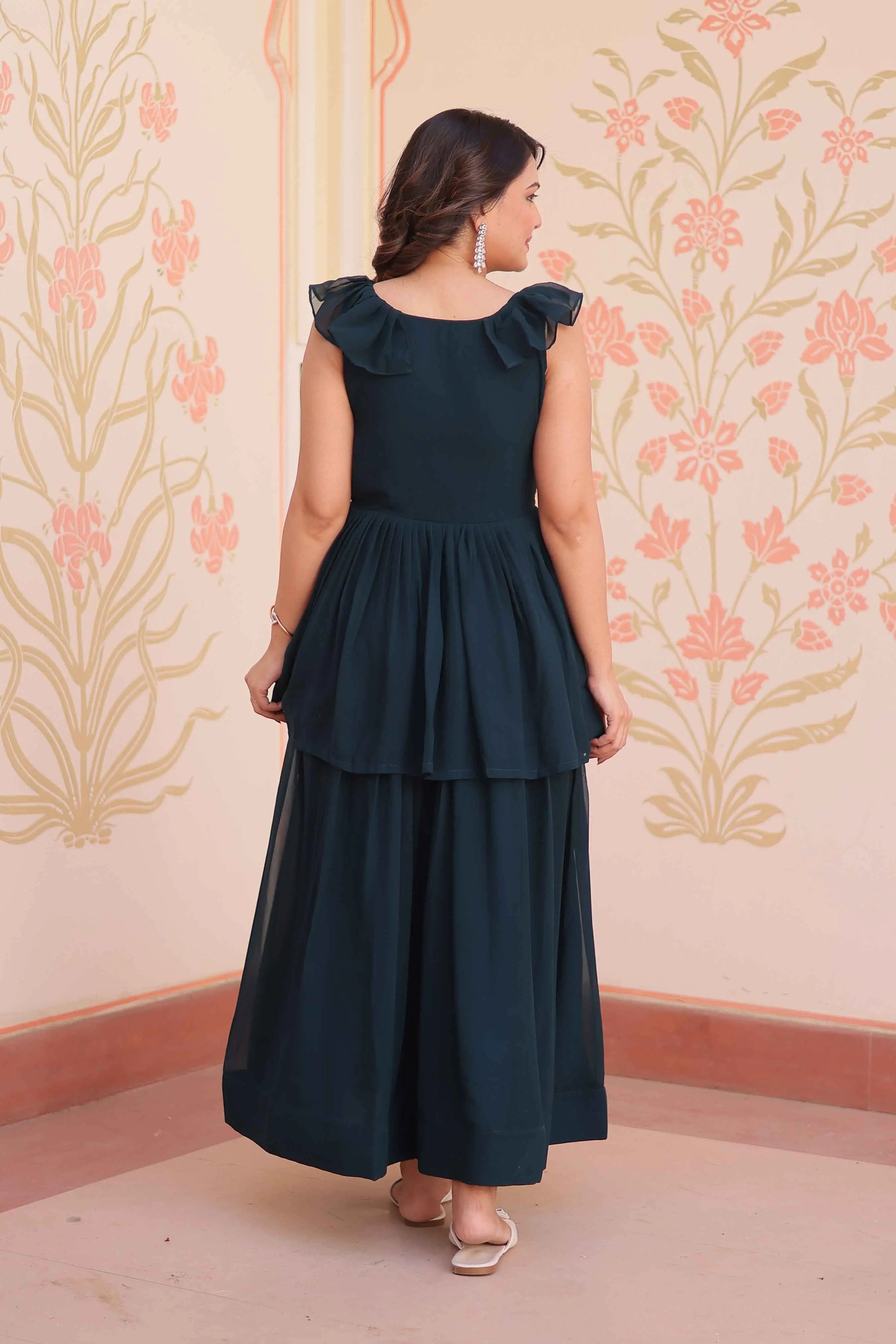 Designer Dark Teal Blue Beads Embroidery Work Gown - qivii
