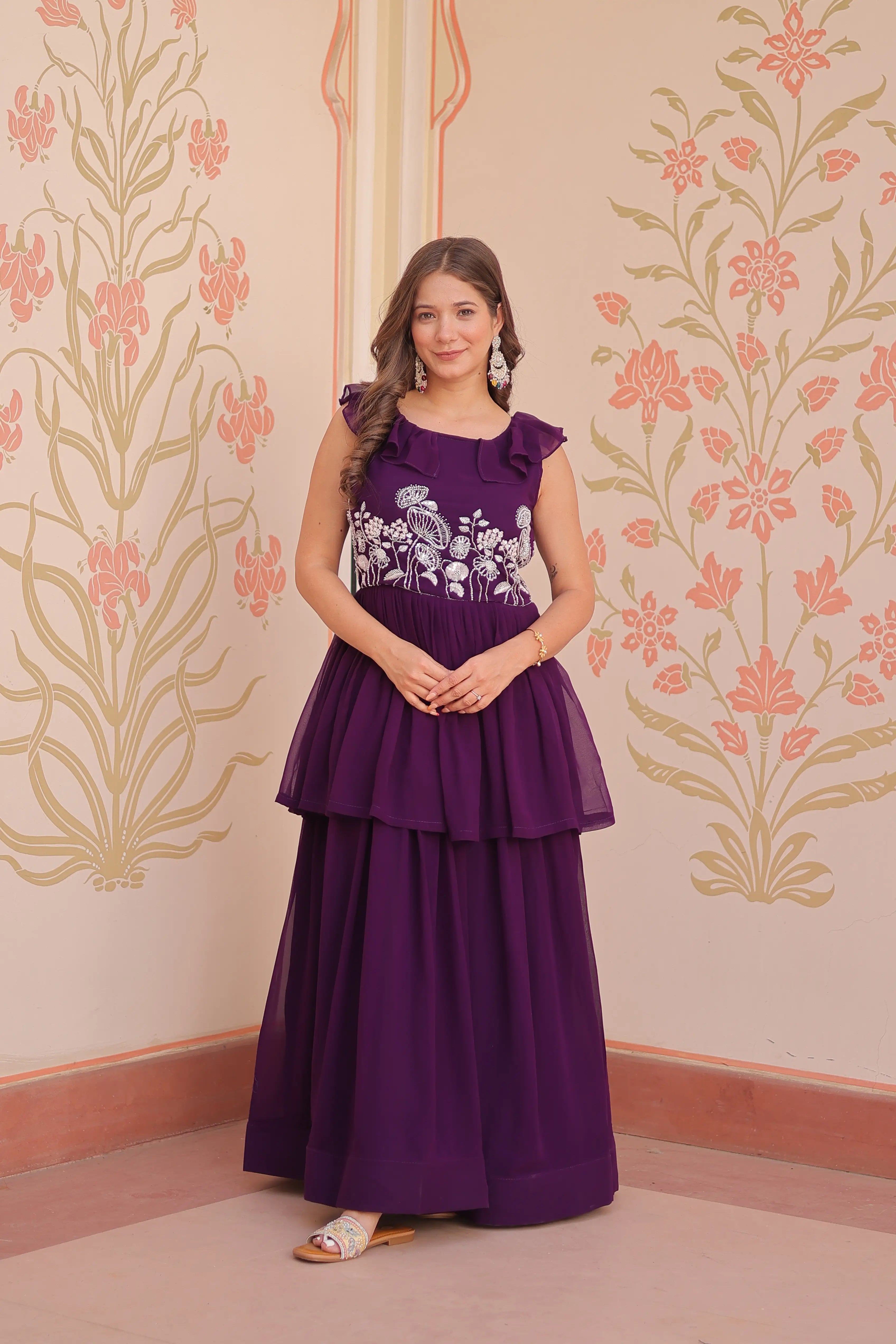 Designer Grape Purple Beads Embroidery Work Gown - qivii