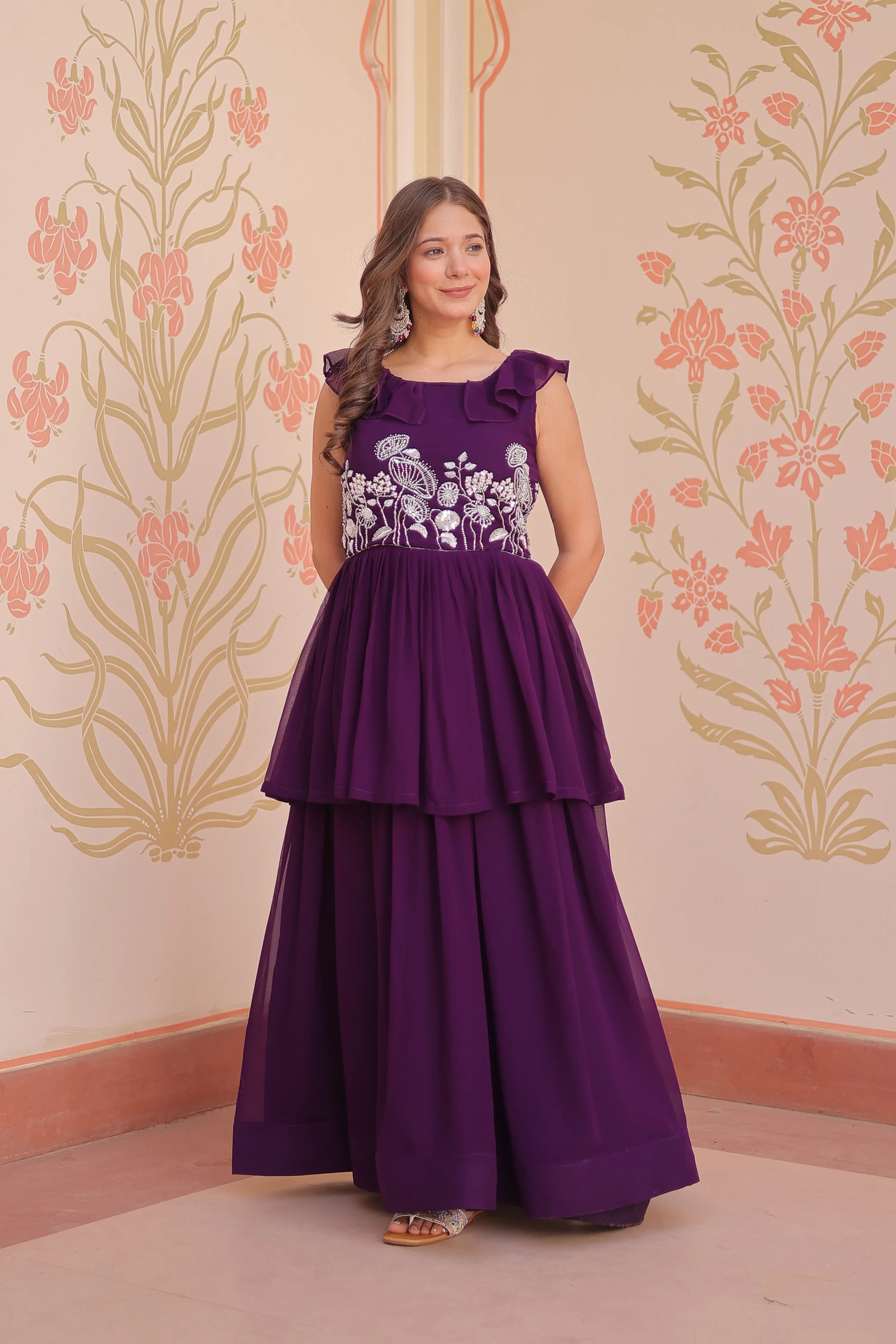 Designer Grape Purple Beads Embroidery Work Gown - qivii
