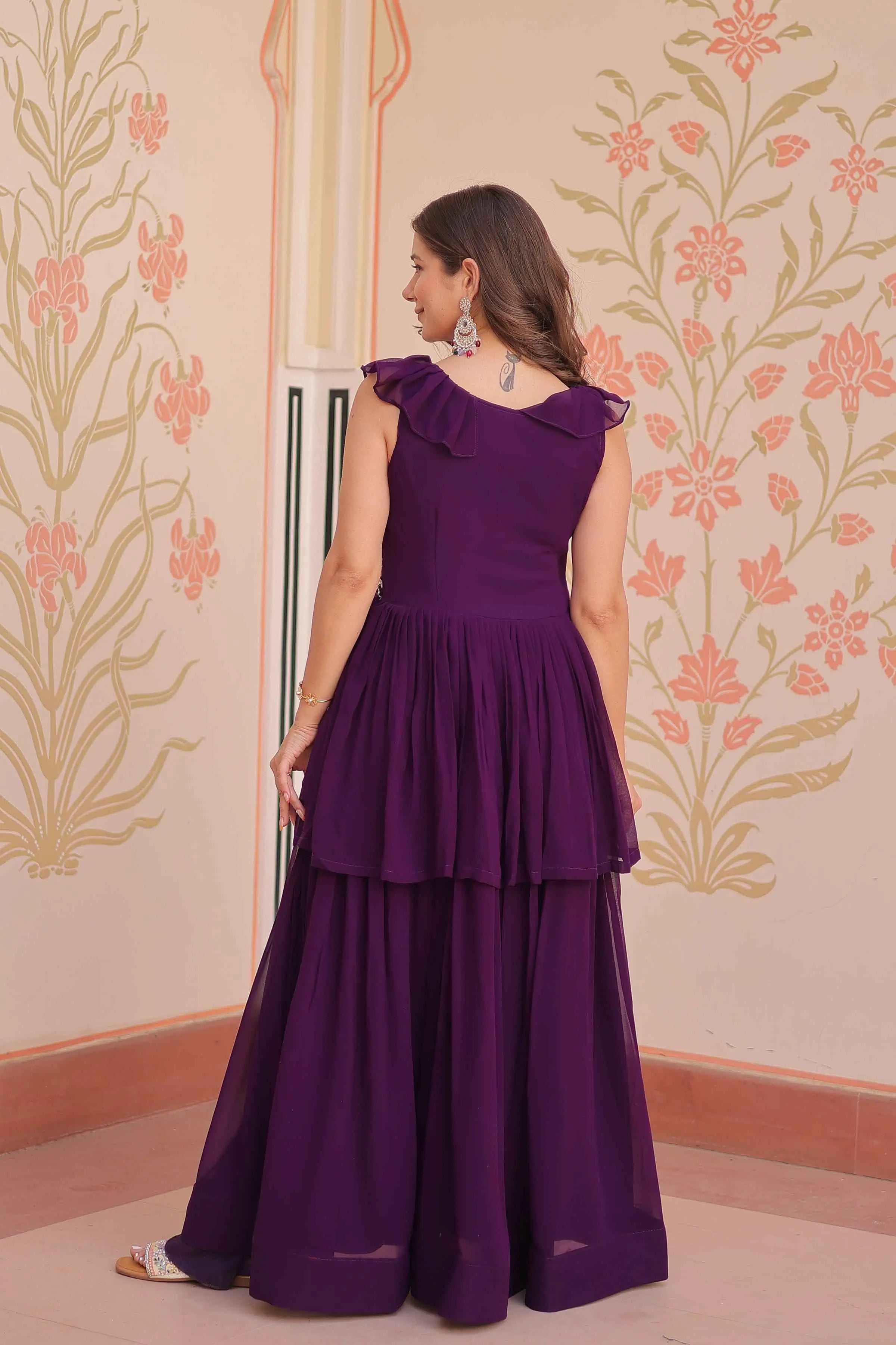 Designer Grape Purple Beads Embroidery Work Gown - qivii