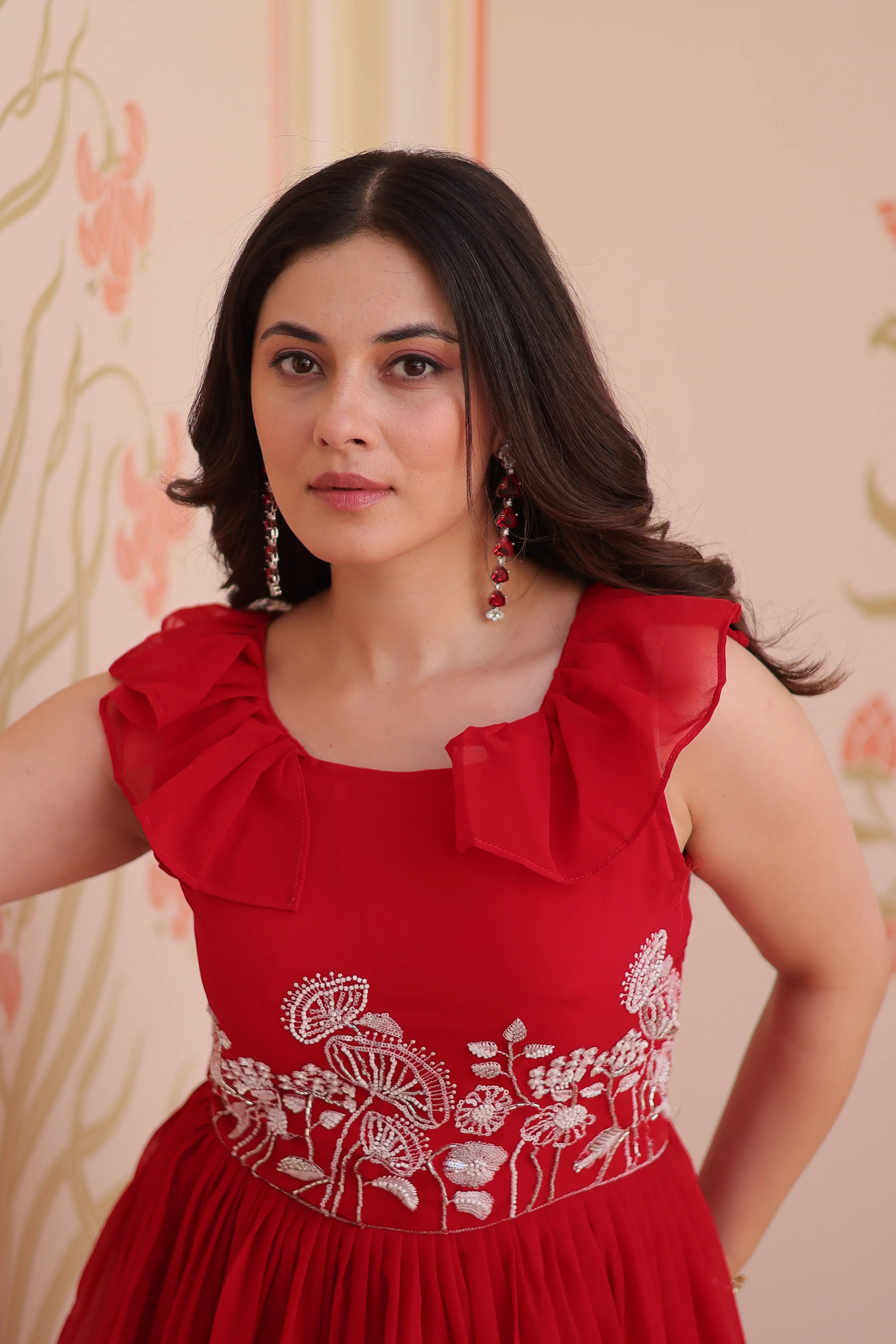 Designer Cornell Red Beads Embroidery Work Gown - qivii