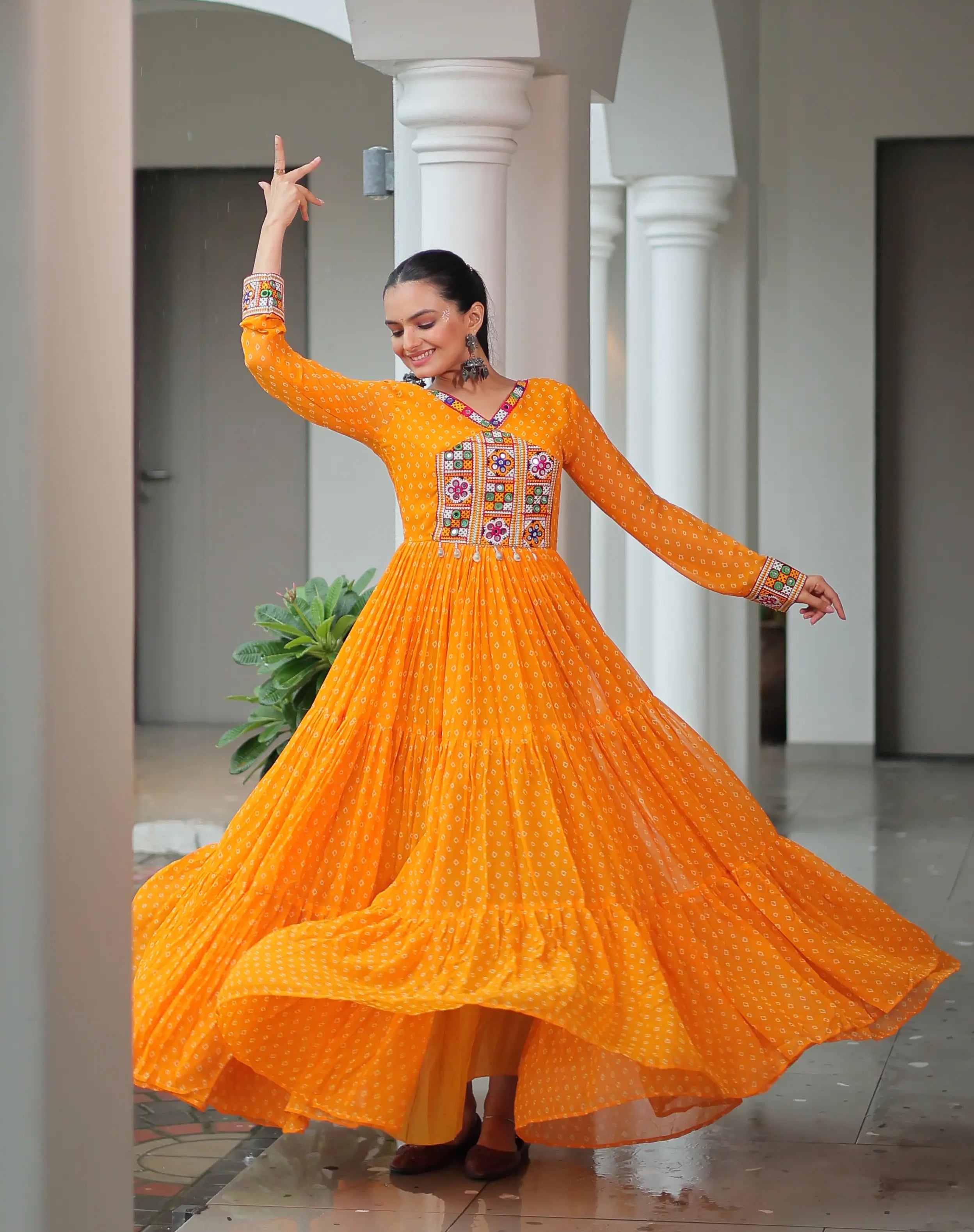 Yellow Navratri Gown Bandhani Print With Kutchi Patch Work