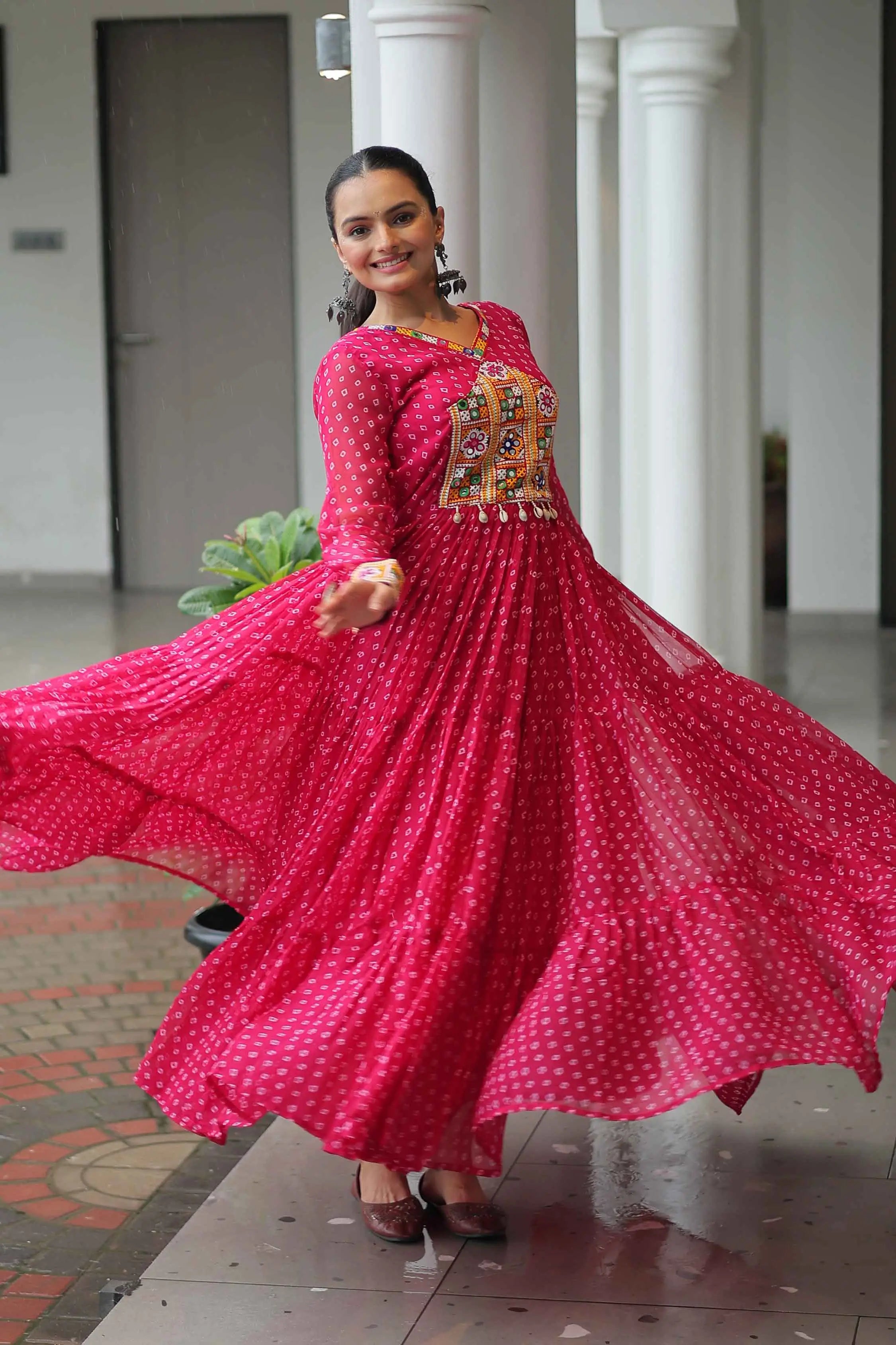 Dark Pink Navratri Gown Bandhani Print With Kutchi Patch Work