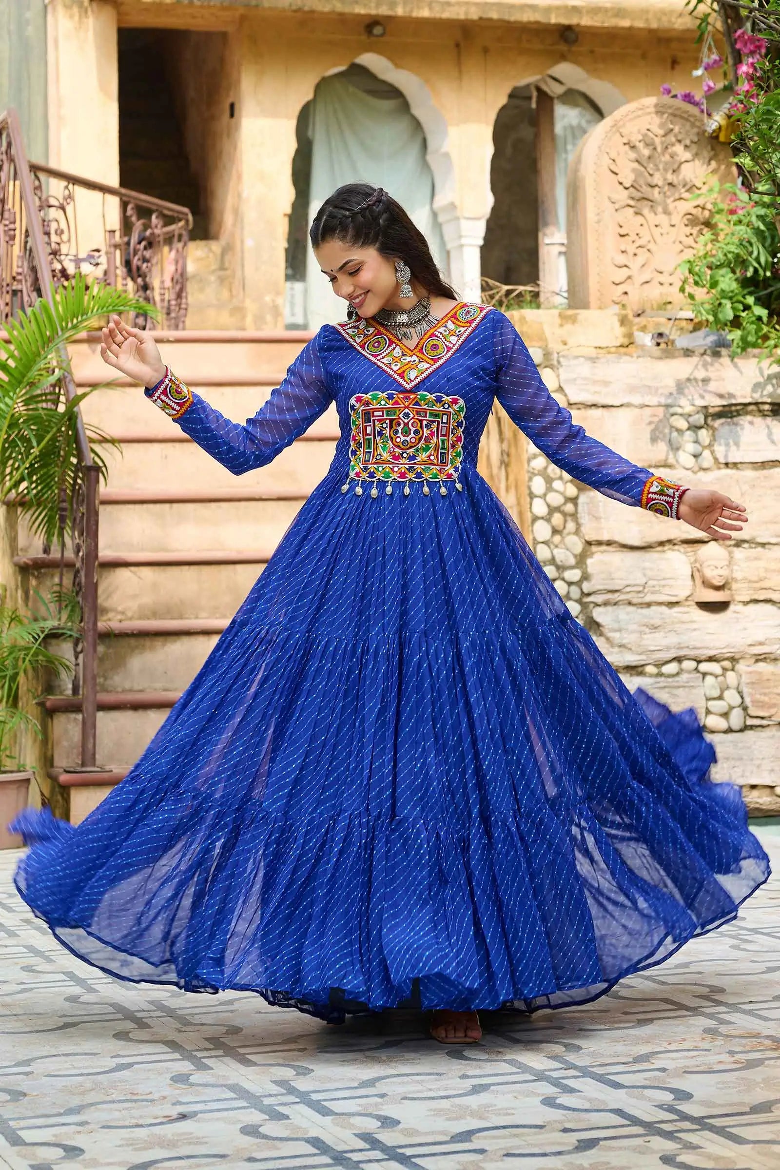 BlueLaheriya Print With Kutchi Patch Work Navratri Gown