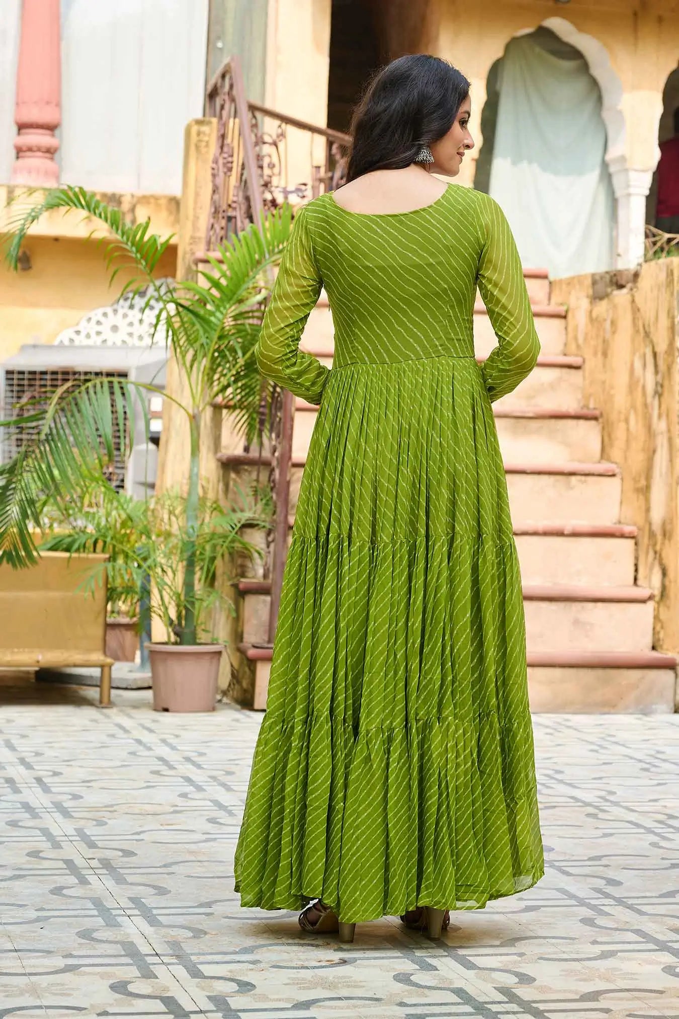 Parrot Laheriya Print With Kutchi Patch Work Navratri Gown