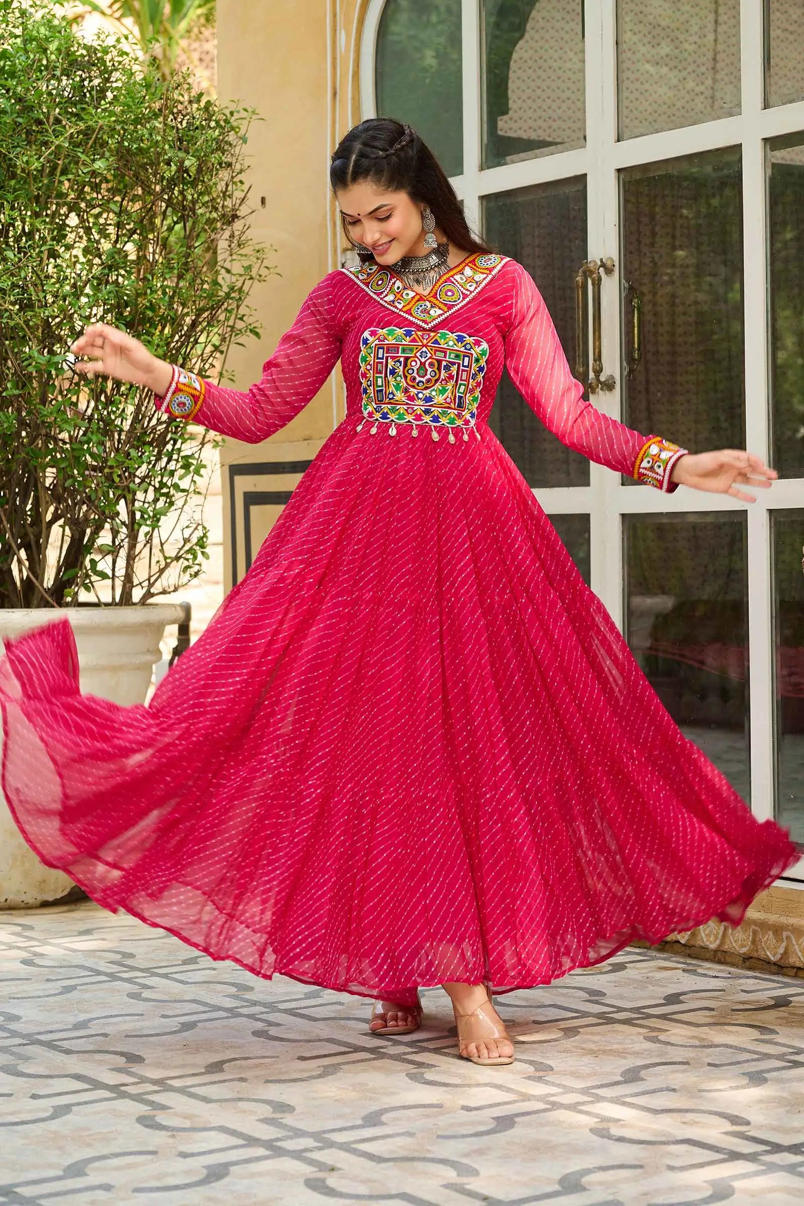 Pink Laheriya Print With Kutchi Patch Work Navratri Gown