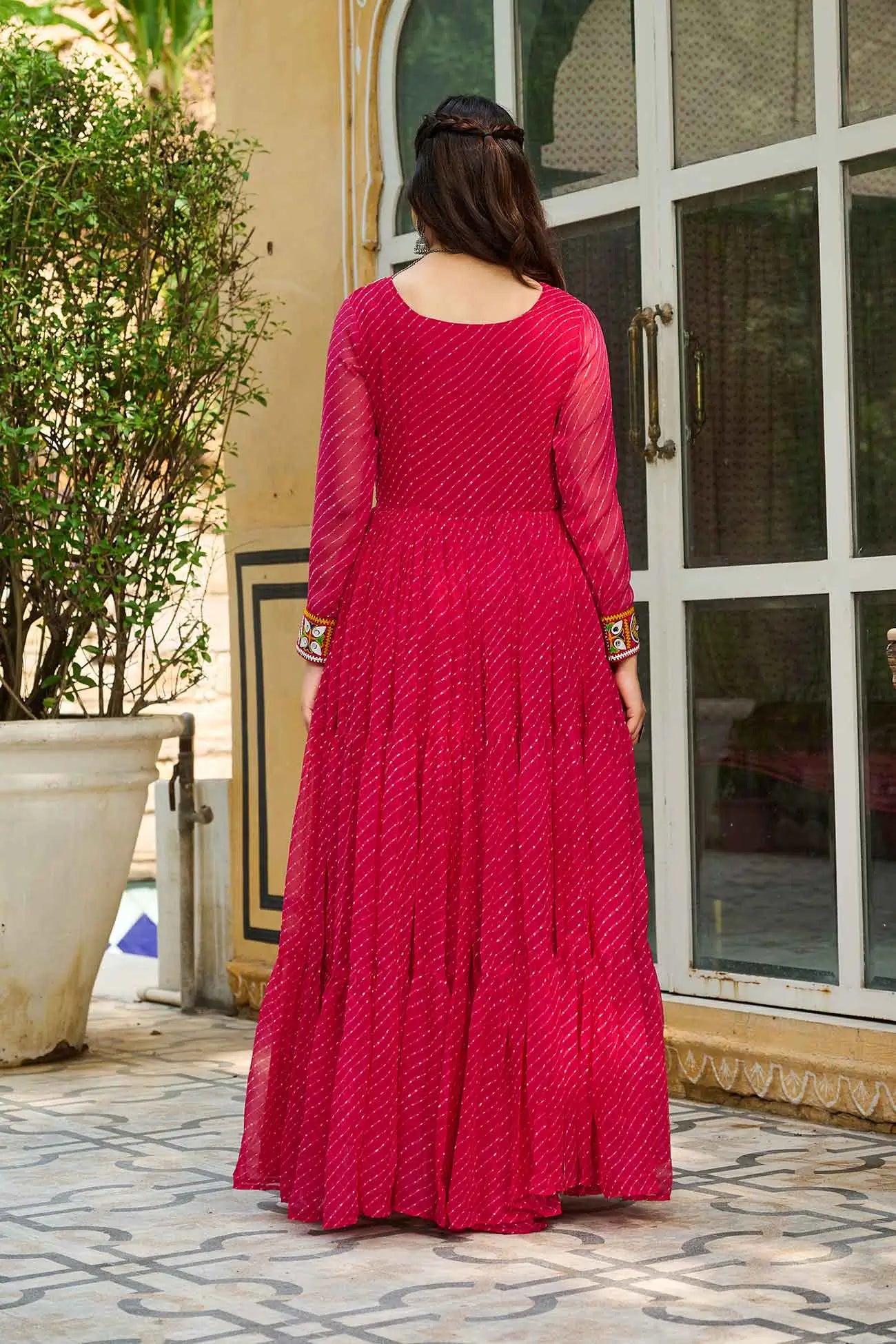 Pink Laheriya Print With Kutchi Patch Work Navratri Gown