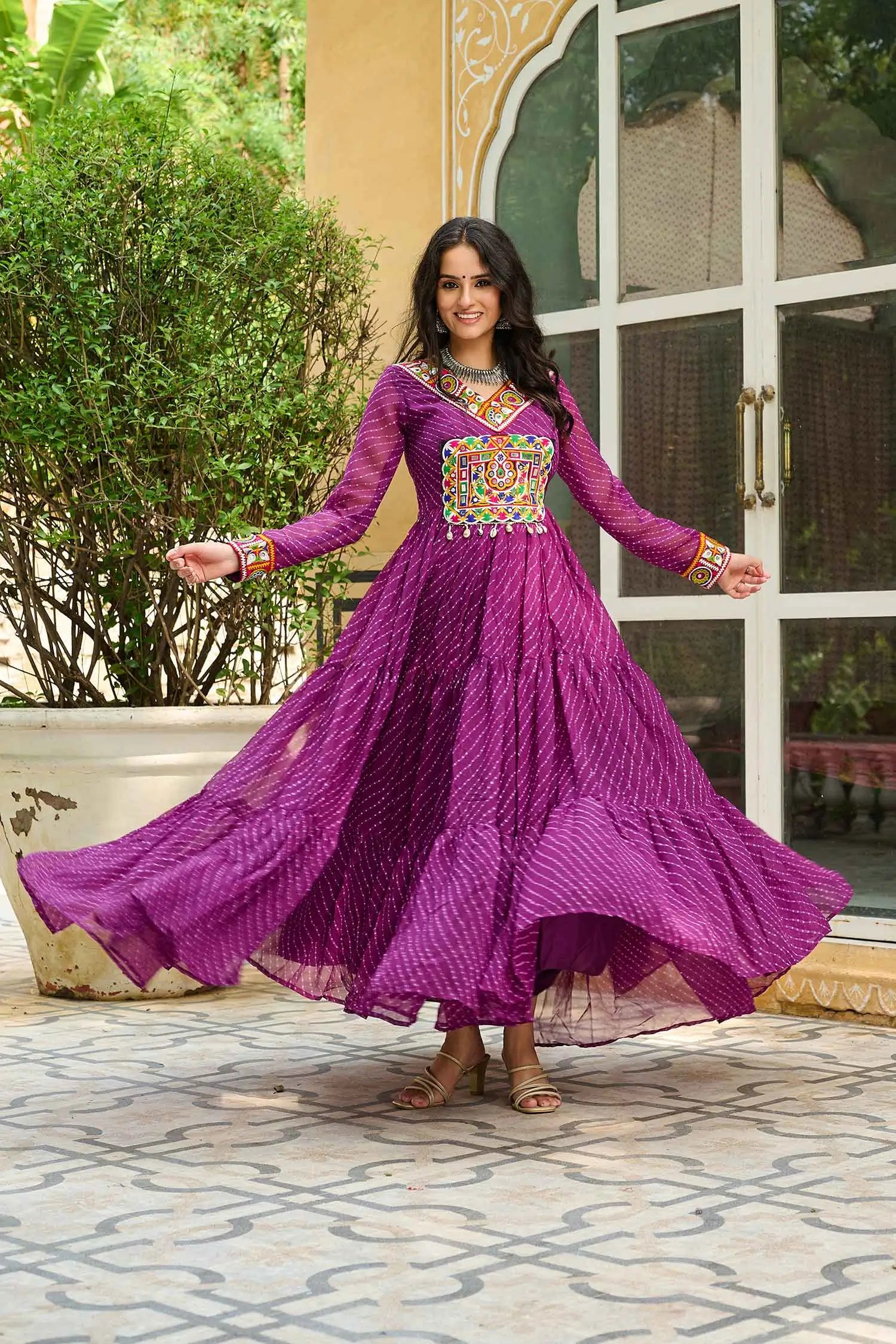 Wine Georgette Laheriya Print With Kutchi Patch Work Navratri Gown