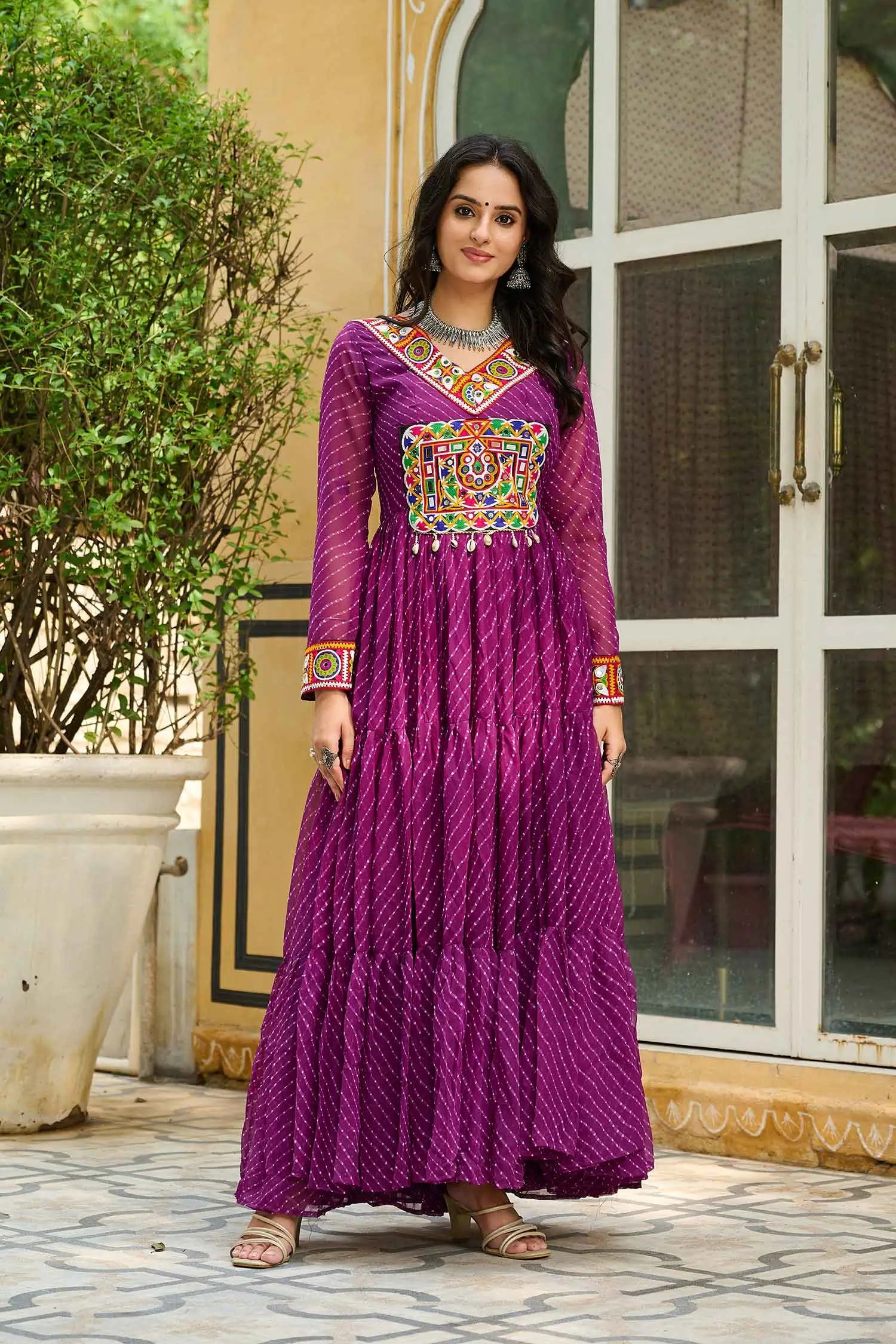Wine Georgette Laheriya Print With Kutchi Patch Work Navratri Gown